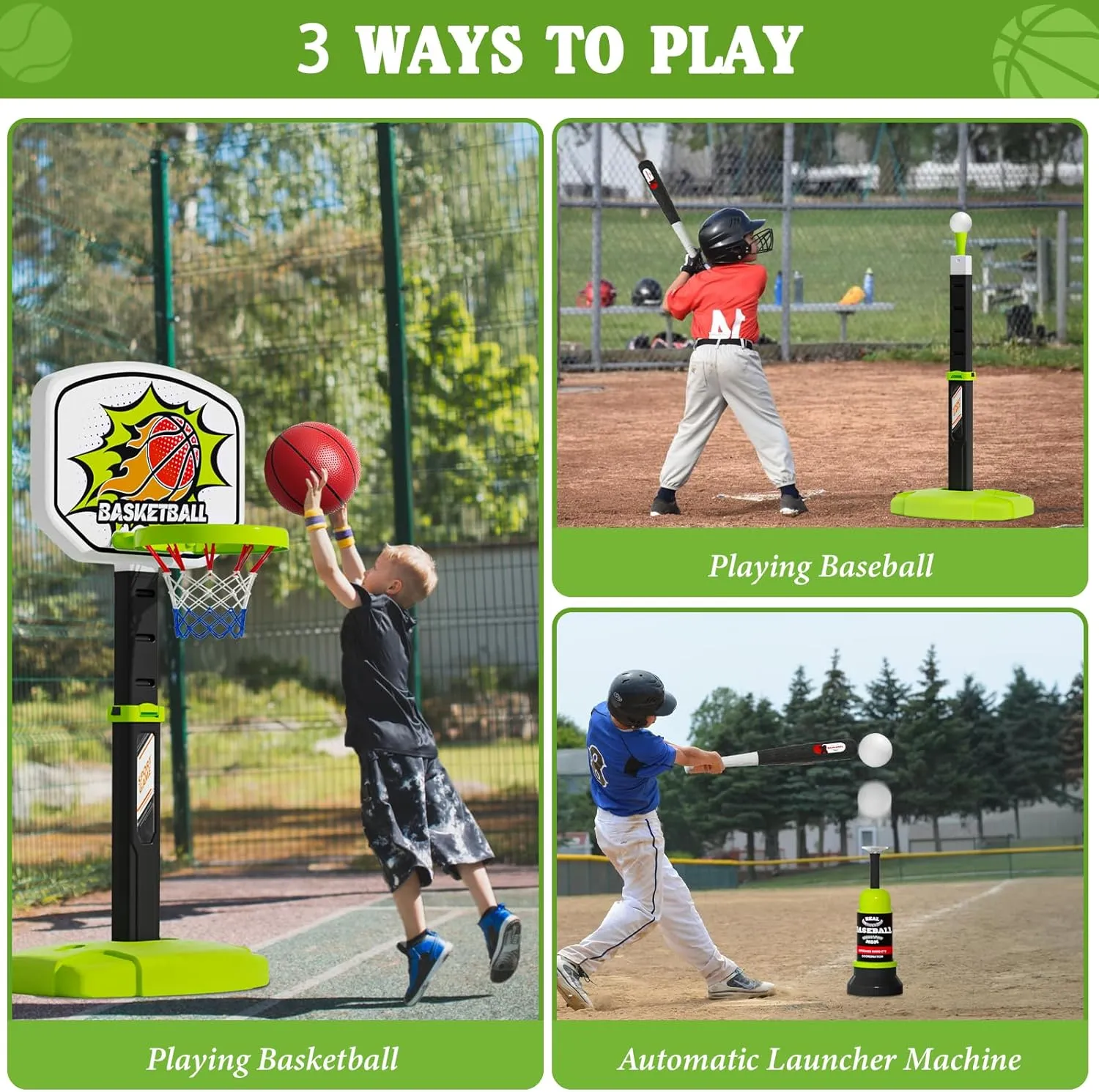 3 in 1 Toddler Basketball Hoop and Tee Ball Set for Boys: Kids Baseball Tee with Automatic Pitching Machine Adjustable Height Indoor and Outdoor Sports Toys for Boy Age 1-8