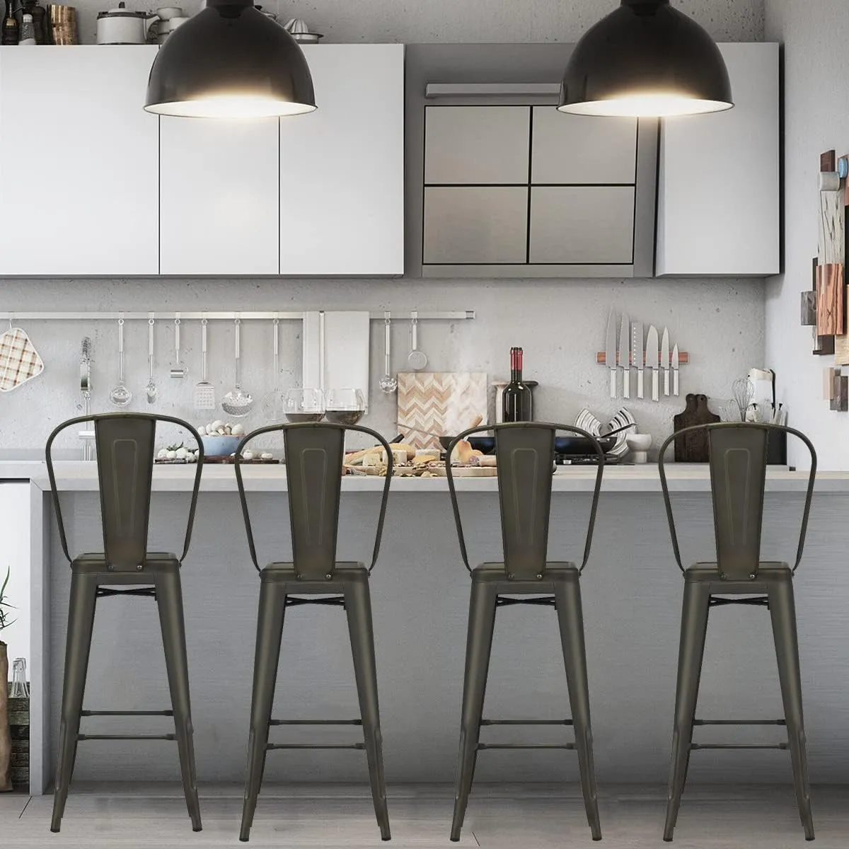 30" Industrial Metal Bar Stools Set 4,High Back Bar Stools with Detachable Back,Tolix Style Counter Height Bar Chairs Stackable Kitchen Bastools Counter Cafe Side Chairs (Gun)