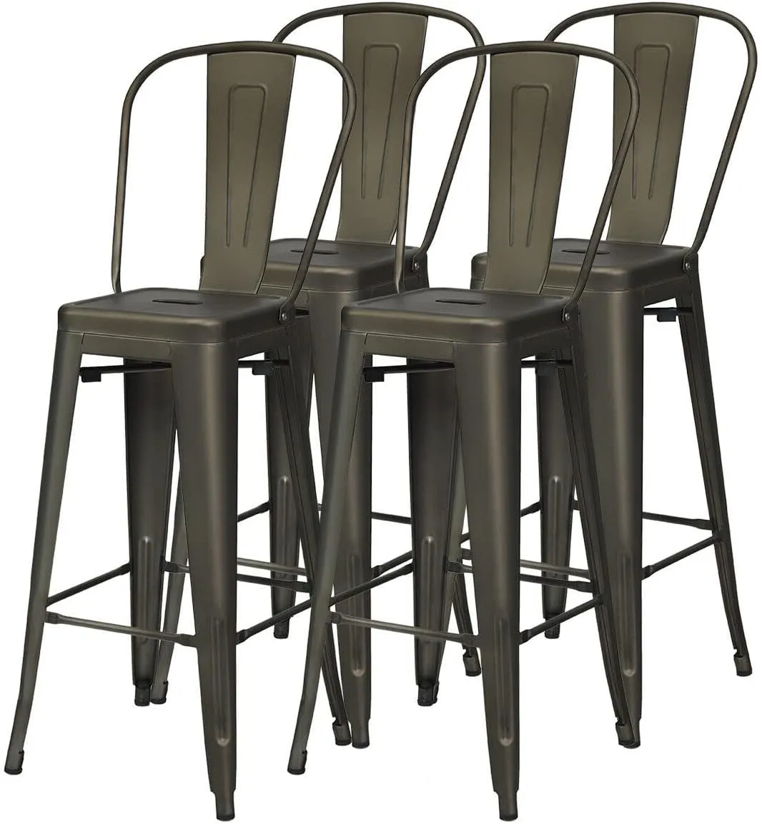 30" Industrial Metal Bar Stools Set 4,High Back Bar Stools with Detachable Back,Tolix Style Counter Height Bar Chairs Stackable Kitchen Bastools Counter Cafe Side Chairs (Gun)