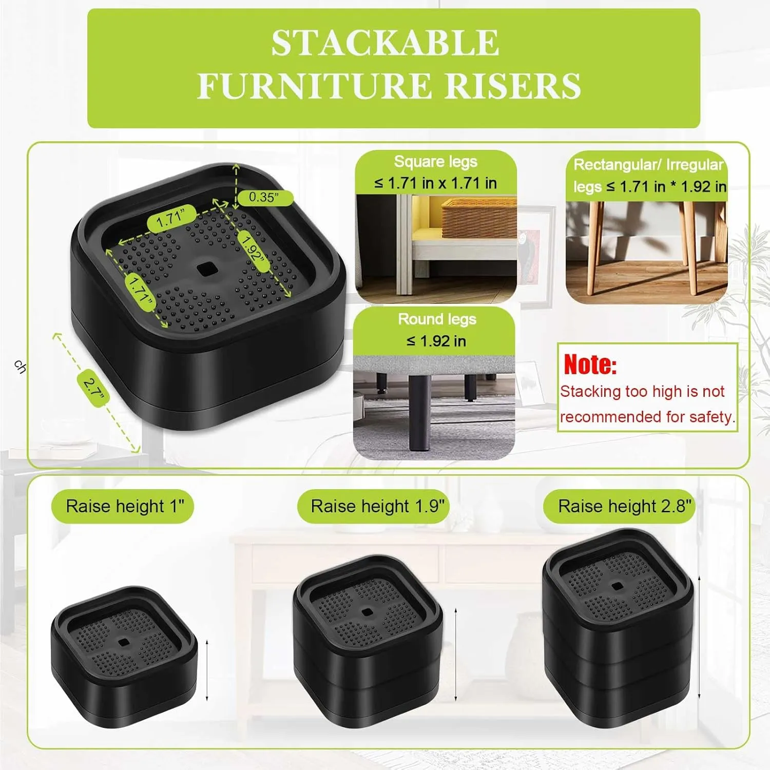 32 Pack Furniture Risers 1,2 or 3 Inch, Adjustable Bed Risers Heavy Duty For Table Desk Couch Chair Sofa Cabinet Bed Legs Dorm, Square Stackable Bed Raisers Blocks Lift Height 1", 2" or 3", Black