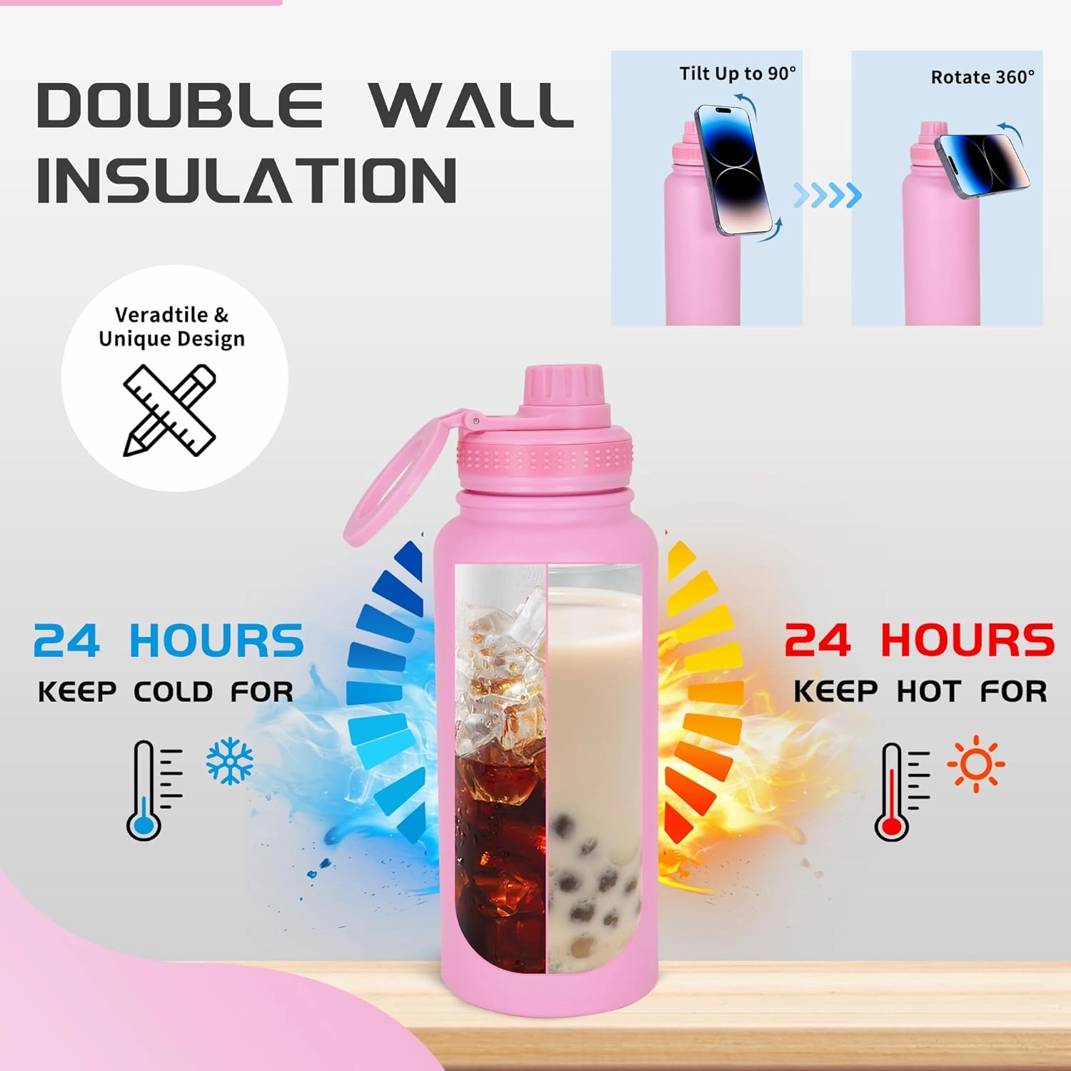 32oz Water Bottle with Magnetic Phone Holder, Stainless Steel Water Bottles Compatible with MagSafe Phone Mount and Tripod for iPhone, Double Walled Insulated tumbler for Gym Sport, Pink