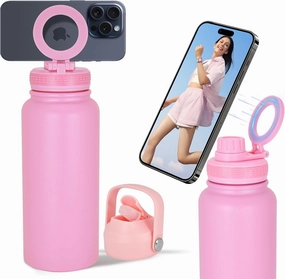 32oz Water Bottle with Magnetic Phone Holder, Stainless Steel Water Bottles Compatible with MagSafe Phone Mount and Tripod for iPhone, Double Walled Insulated tumbler for Gym Sport, Pink