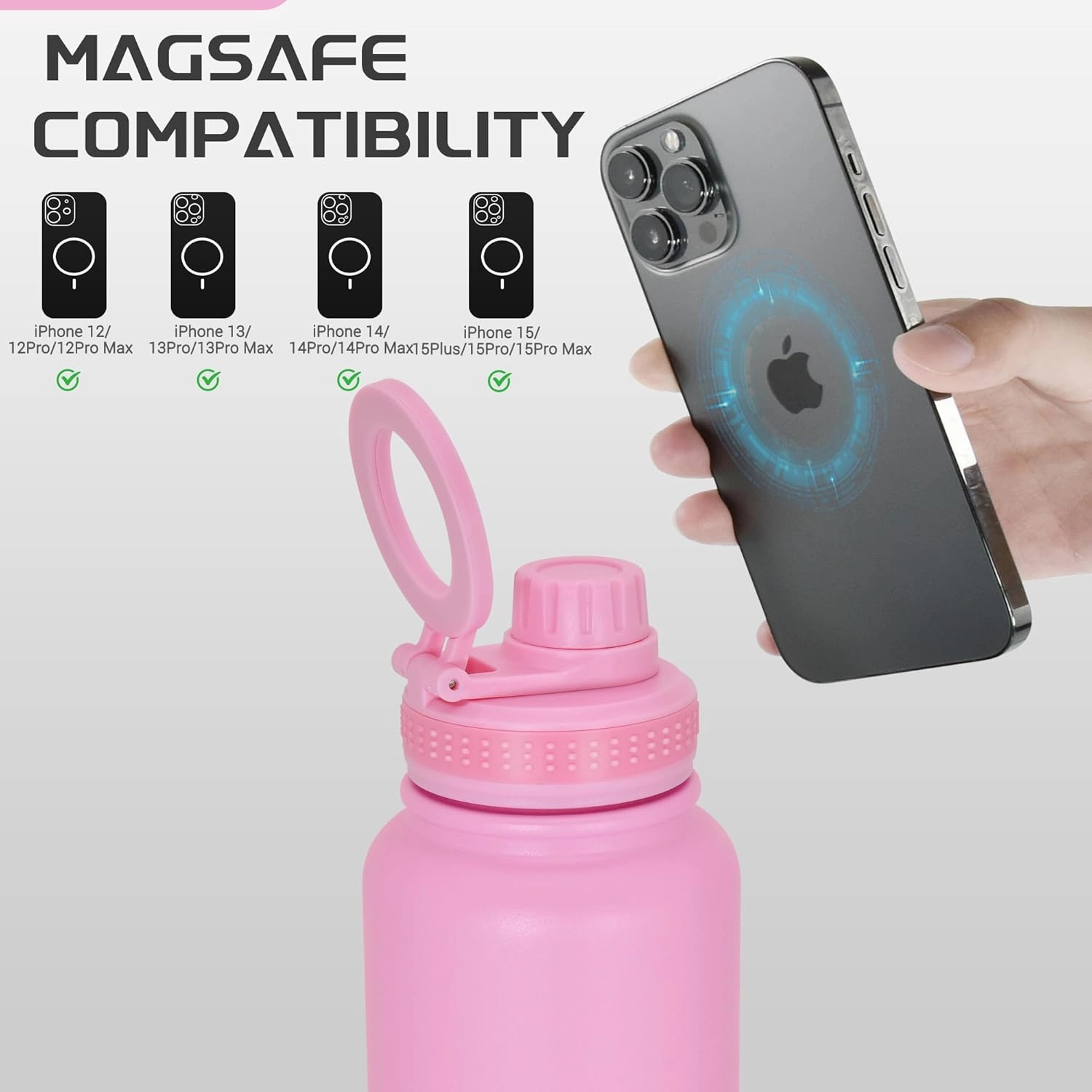 32oz Water Bottle with Magnetic Phone Holder, Stainless Steel Water Bottles Compatible with MagSafe Phone Mount and Tripod for iPhone, Double Walled Insulated tumbler for Gym Sport, Pink