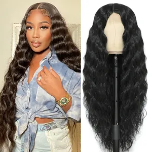 32" Long Curly Synthetic Wigs for Black Women Fake Scalp Wig Deep Wave Lace Front Wig Middle Part Natural Looking, Color 1B#