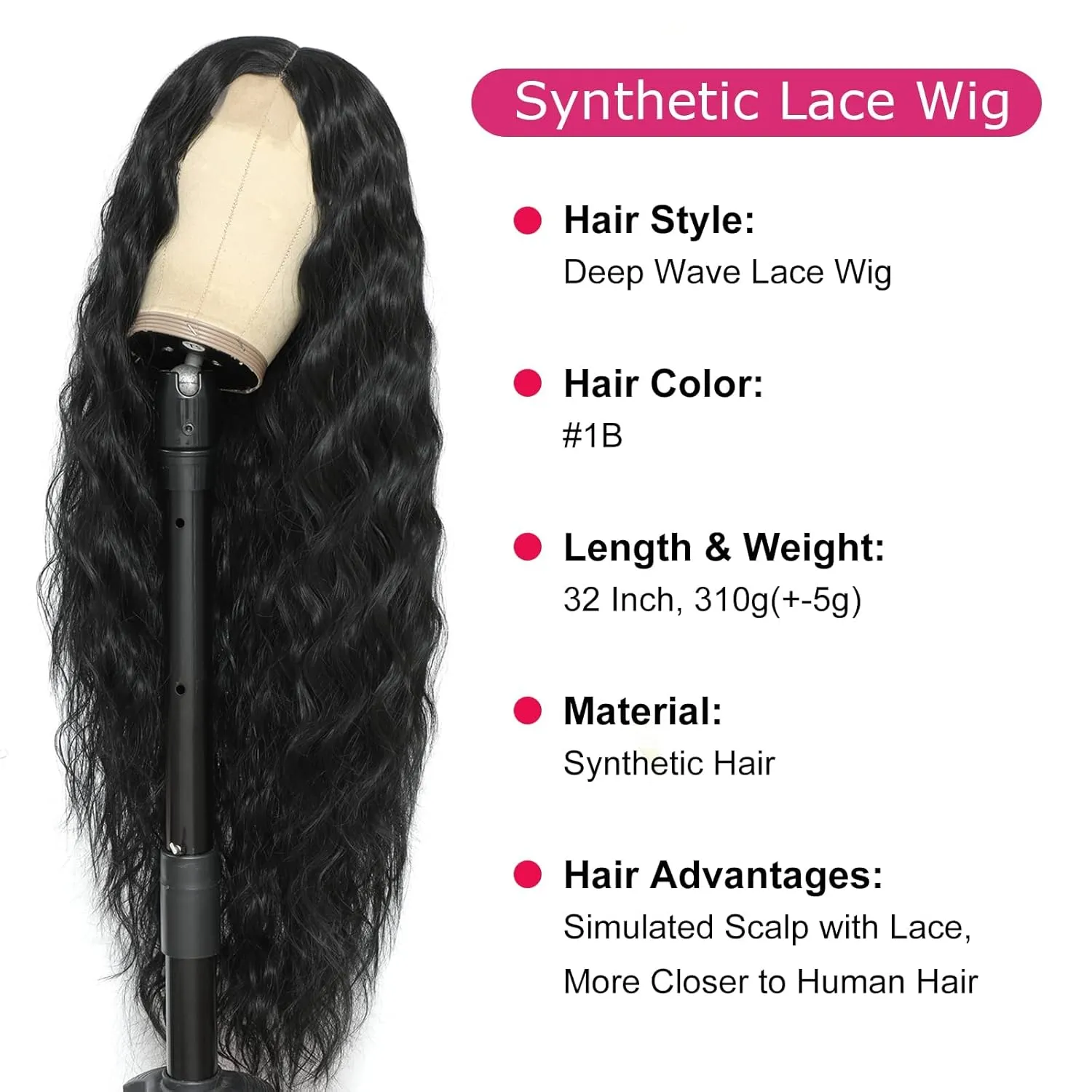 32" Long Curly Synthetic Wigs for Black Women Fake Scalp Wig Deep Wave Lace Front Wig Middle Part Natural Looking, Color 1B#
