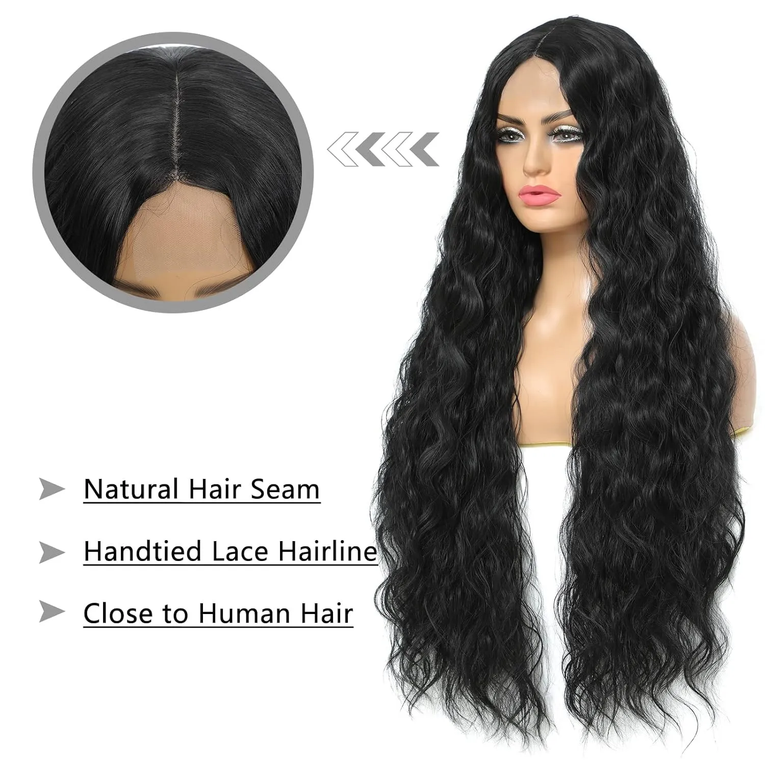32" Long Curly Synthetic Wigs for Black Women Fake Scalp Wig Deep Wave Lace Front Wig Middle Part Natural Looking, Color 1B#