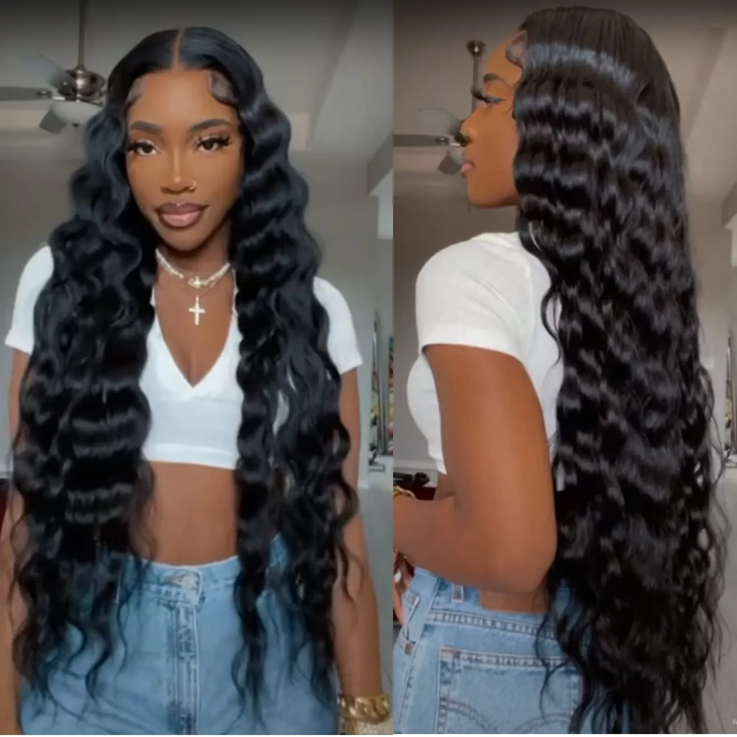 32" Long Curly Synthetic Wigs for Black Women Fake Scalp Wig Deep Wave Lace Front Wig Middle Part Natural Looking, Color 1B#