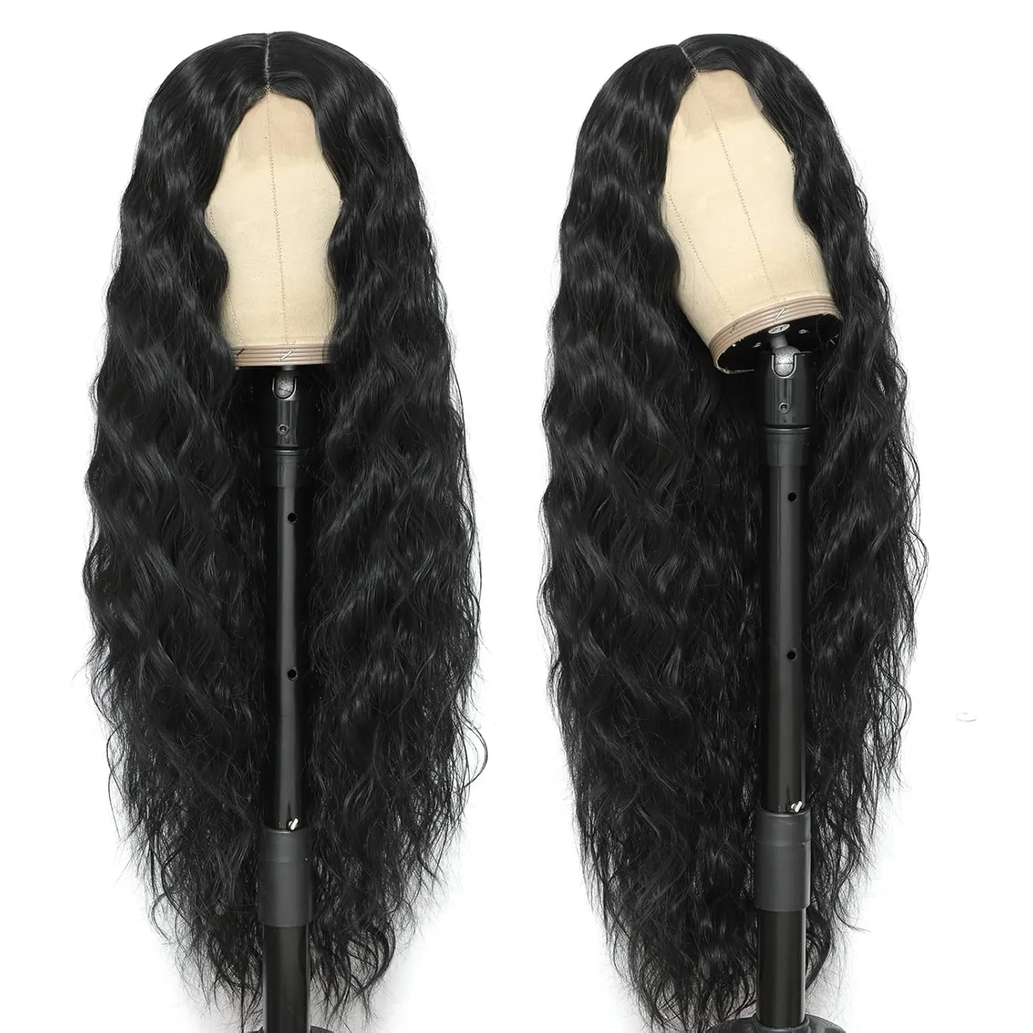 32" Long Curly Synthetic Wigs for Black Women Fake Scalp Wig Deep Wave Lace Front Wig Middle Part Natural Looking, Color 1B#