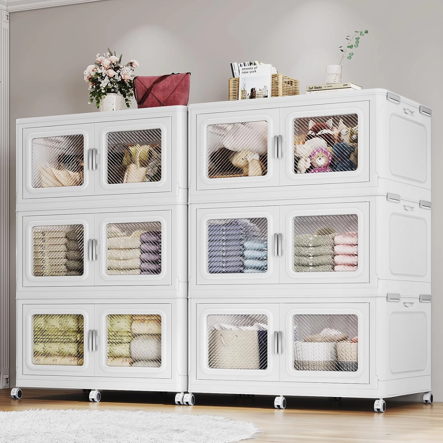 330Gal Extra Large Stackable Storage Bins with Lids & Wheels - Heavy Duty Collapsible Plastic Cabinets, Open Front Door for Effortless Clothes & Sundries in Home & Office, White 6 Pack