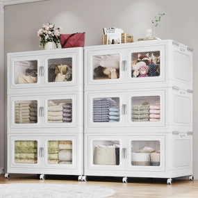 330Gal Extra Large Stackable Storage Bins with Lids & Wheels - Heavy Duty Collapsible Plastic Cabinets, Open Front Door for Effortless Clothes & Sundries in Home & Office, White 6 Pack
