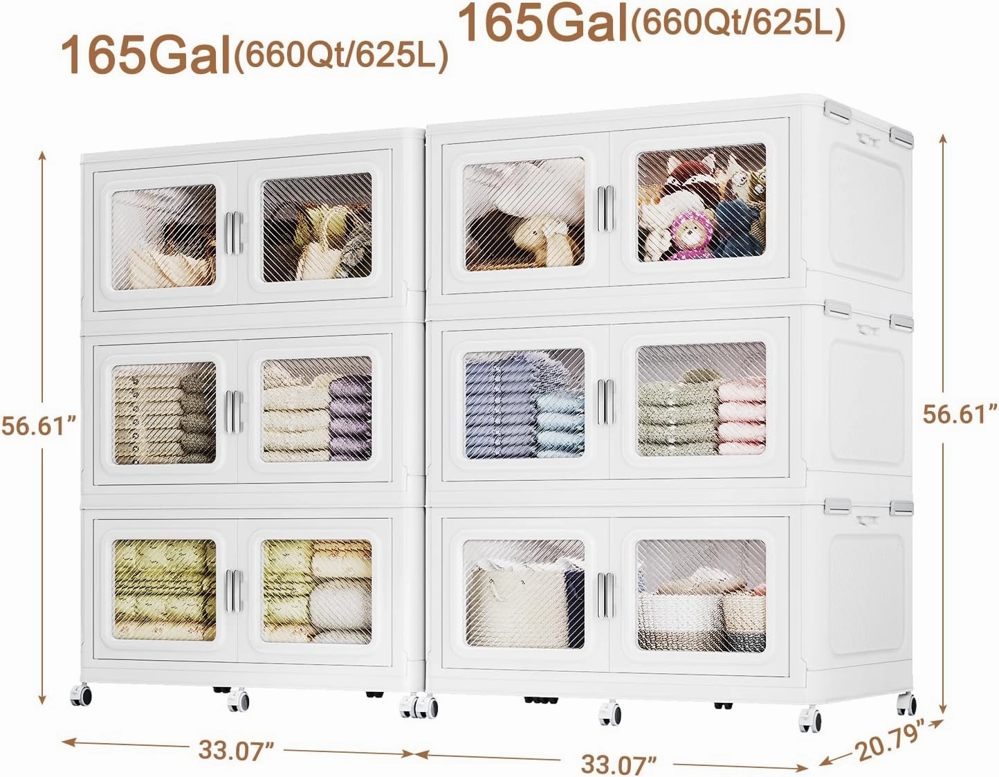 330Gal Extra Large Stackable Storage Bins with Lids & Wheels - Heavy Duty Collapsible Plastic Cabinets, Open Front Door for Effortless Clothes & Sundries in Home & Office, White 6 Pack