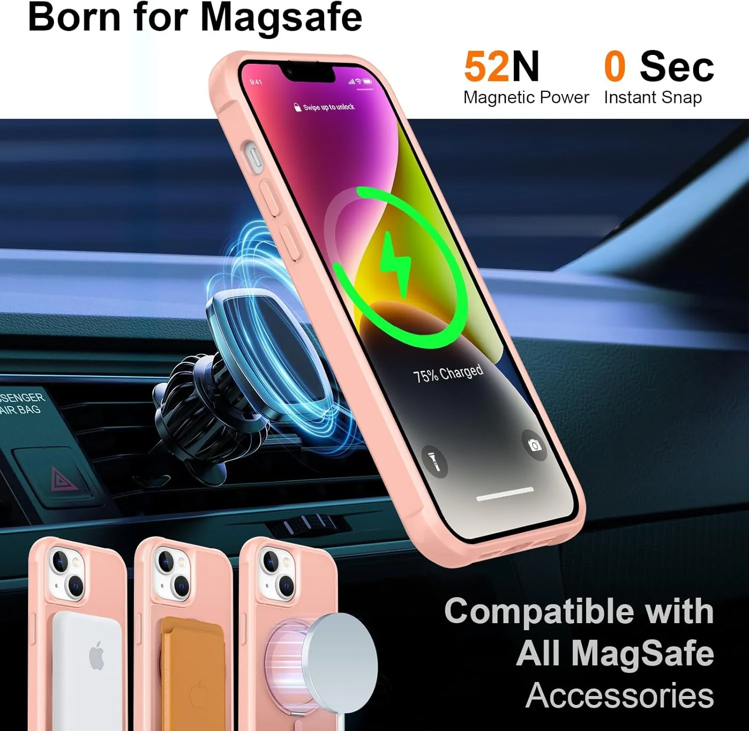 360° Magnetic Swivel Ring for iPhone 14 case, Built-in Metal Stand and Ring Holder, Magsafe Compatible, Military Grade Protection, Shock and Vibration Resistant - Pink