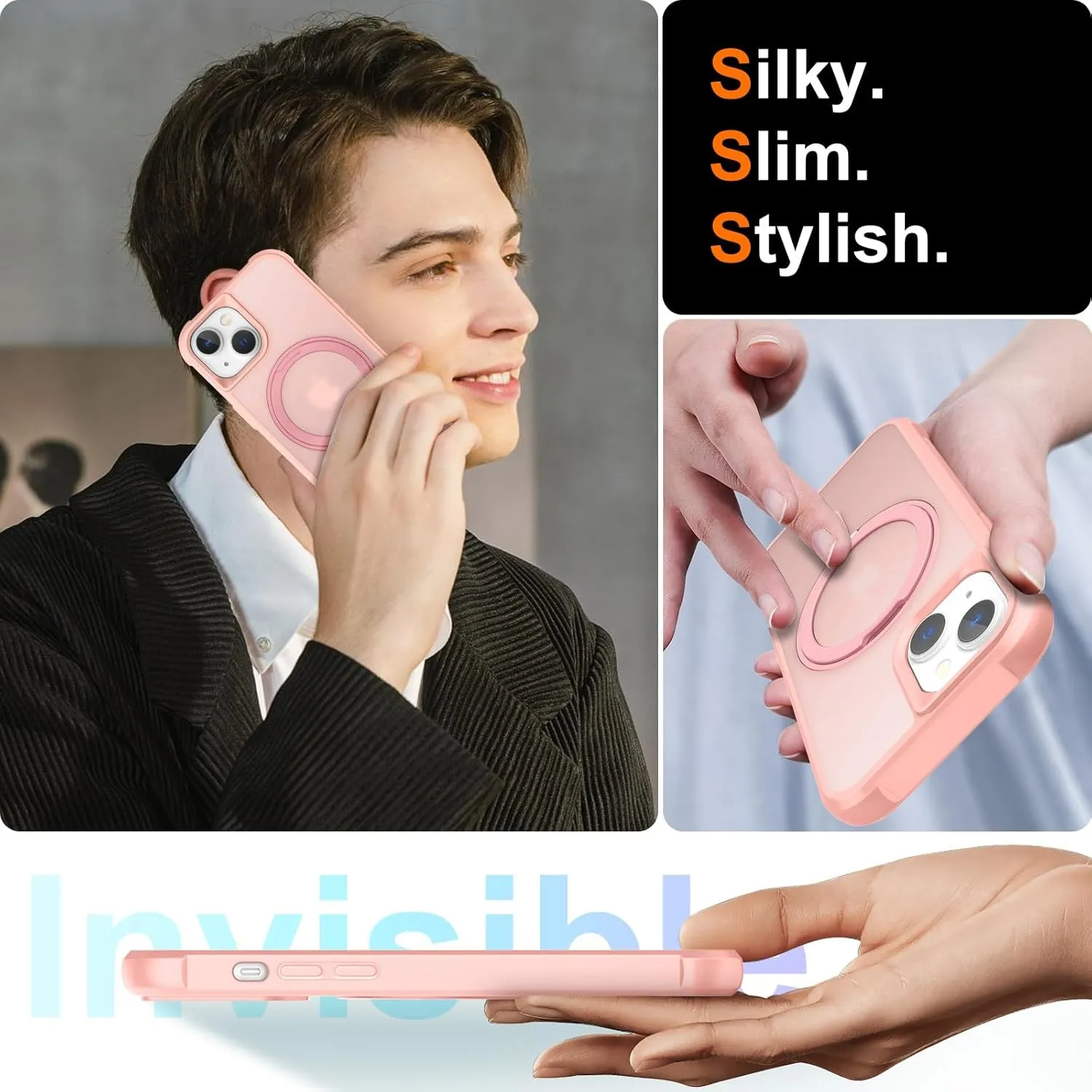 360° Magnetic Swivel Ring for iPhone 14 case, Built-in Metal Stand and Ring Holder, Magsafe Compatible, Military Grade Protection, Shock and Vibration Resistant - Pink