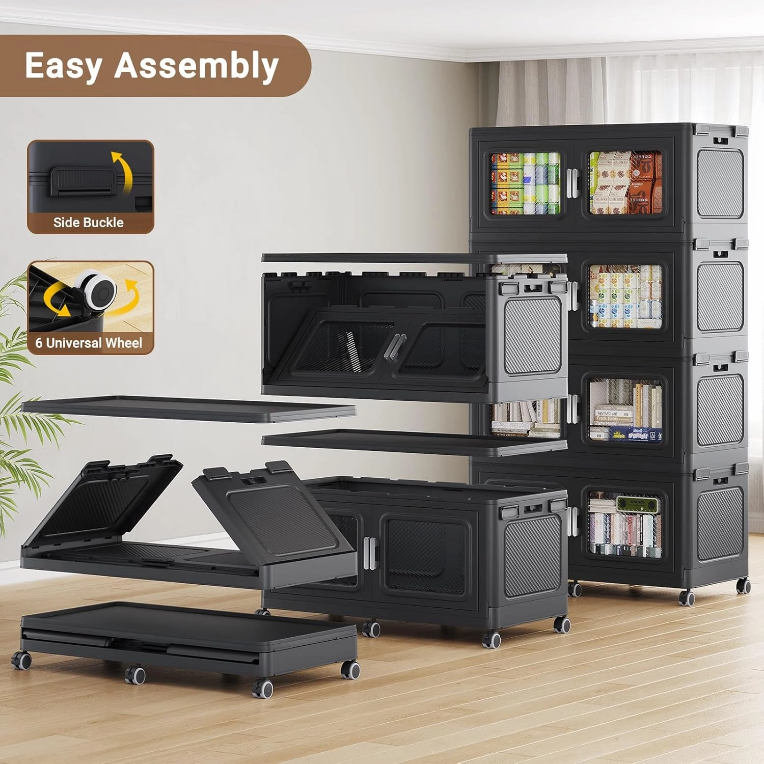 385Gal/1540Qt Extra Large Storage Bins Stackable with Lids & Wheels, Heavy-Duty Collapsible Plastic Cabinets, Front Open Door for Clothes, Sundries in Home Garage Attic Office, Black 7-Pack
