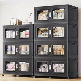 385Gal/1540Qt Extra Large Storage Bins Stackable with Lids & Wheels, Heavy-Duty Collapsible Plastic Cabinets, Front Open Door for Clothes, Sundries in Home Garage Attic Office, Black 7-Pack