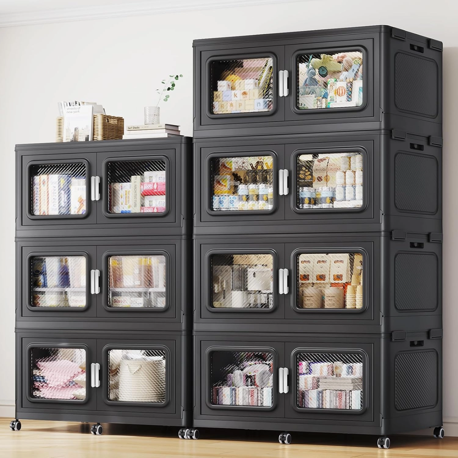385Gal/1540Qt Extra Large Storage Bins Stackable with Lids & Wheels, Heavy-Duty Collapsible Plastic Cabinets, Front Open Door for Clothes, Sundries in Home Garage Attic Office, Black 7-Pack