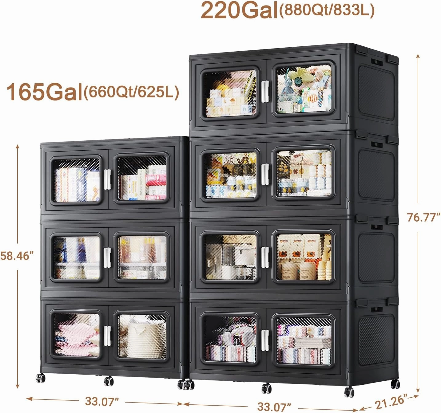 385Gal/1540Qt Extra Large Storage Bins Stackable with Lids & Wheels, Heavy-Duty Collapsible Plastic Cabinets, Front Open Door for Clothes, Sundries in Home Garage Attic Office, Black 7-Pack