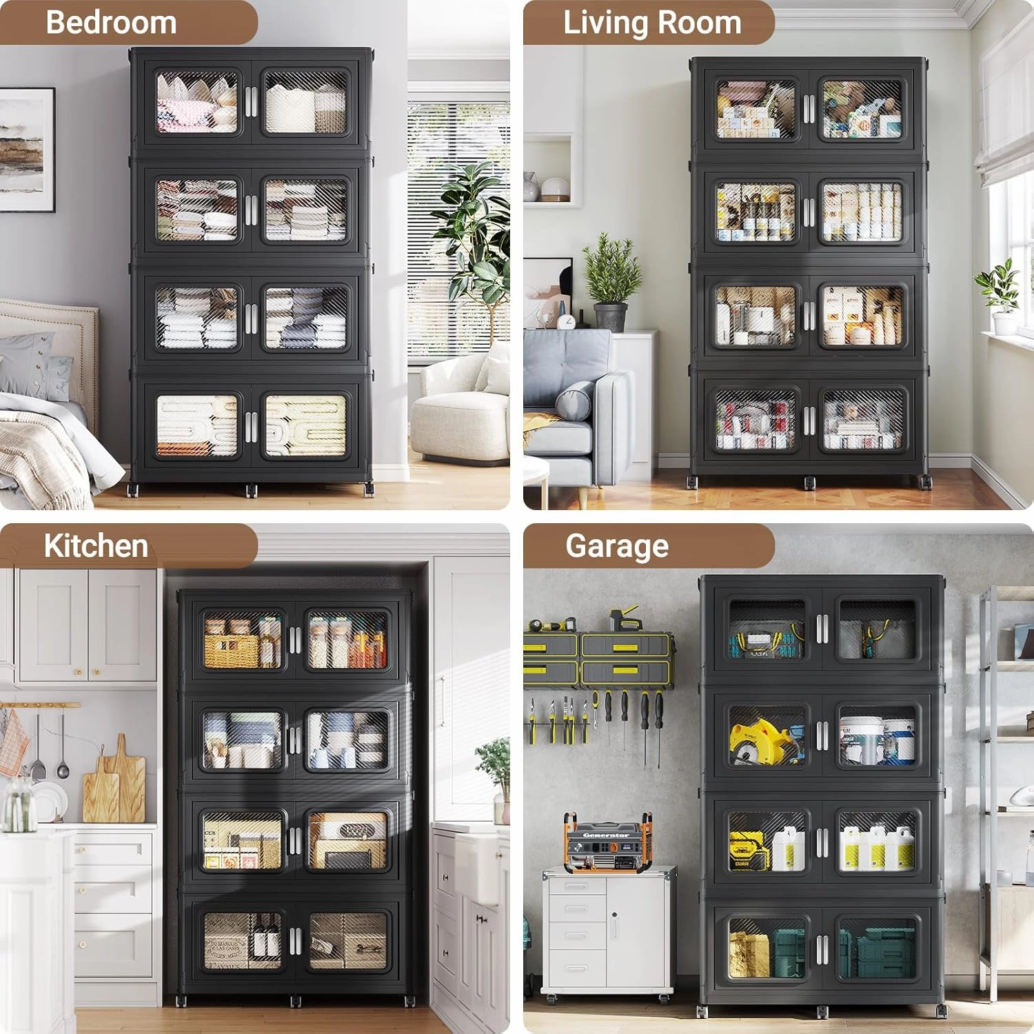 385Gal/1540Qt Extra Large Storage Bins Stackable with Lids & Wheels, Heavy-Duty Collapsible Plastic Cabinets, Front Open Door for Clothes, Sundries in Home Garage Attic Office, Black 7-Pack