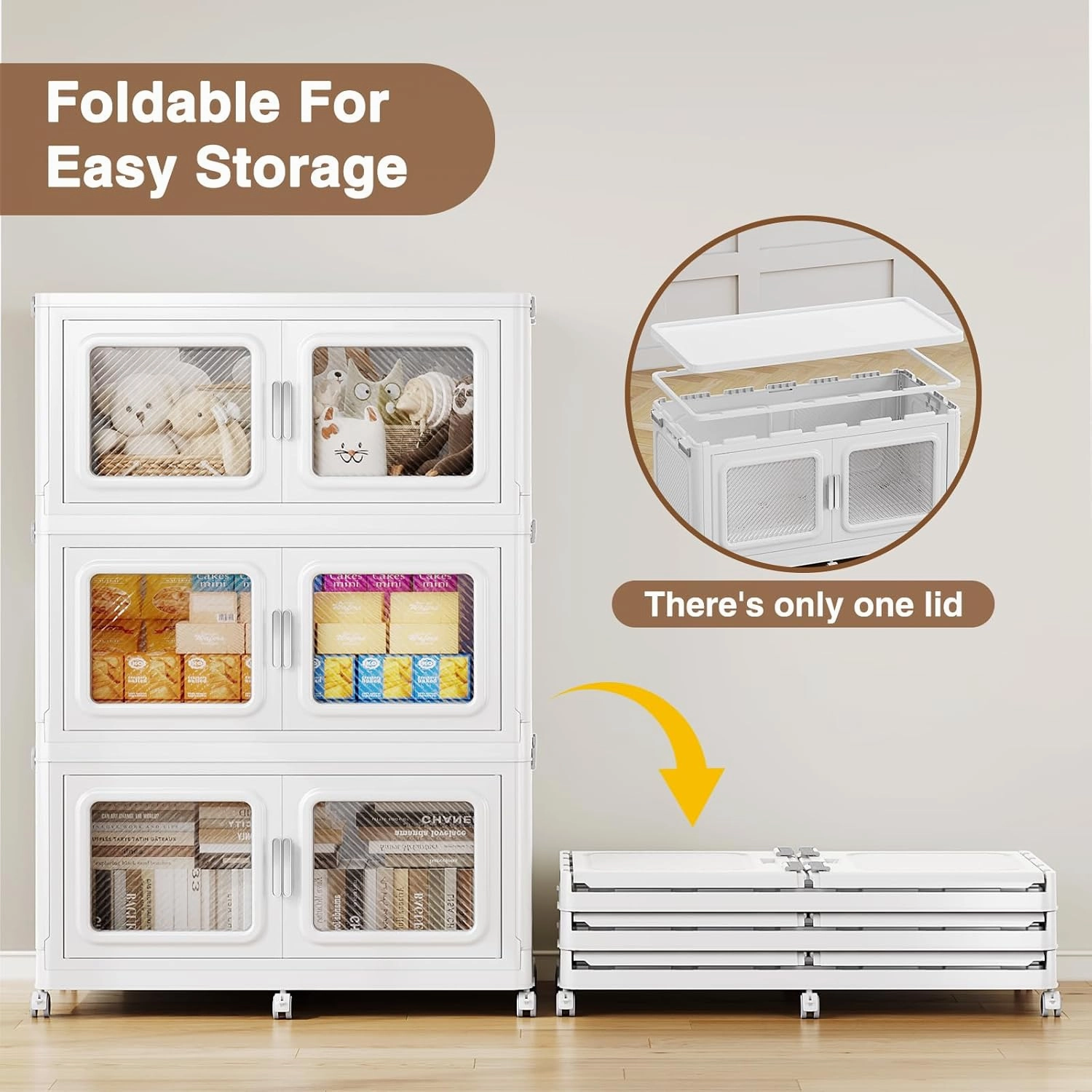385Gal Extra Large Stackable Storage Bins with Lids & Wheels - Heavy Duty Collapsible Plastic Cabinets, Open Front Door for Effortless Clothes & Sundries in Home & Office, White 7 Pack