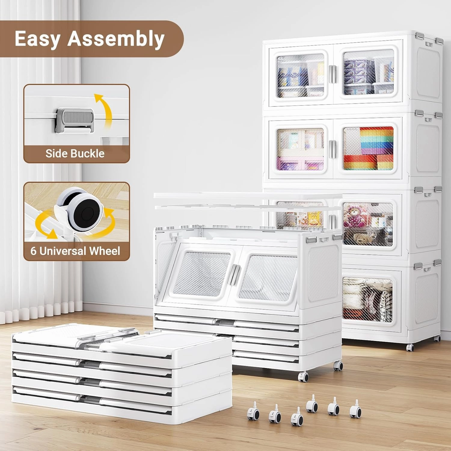385Gal Extra Large Stackable Storage Bins with Lids & Wheels - Heavy Duty Collapsible Plastic Cabinets, Open Front Door for Effortless Clothes & Sundries in Home & Office, White 7 Pack