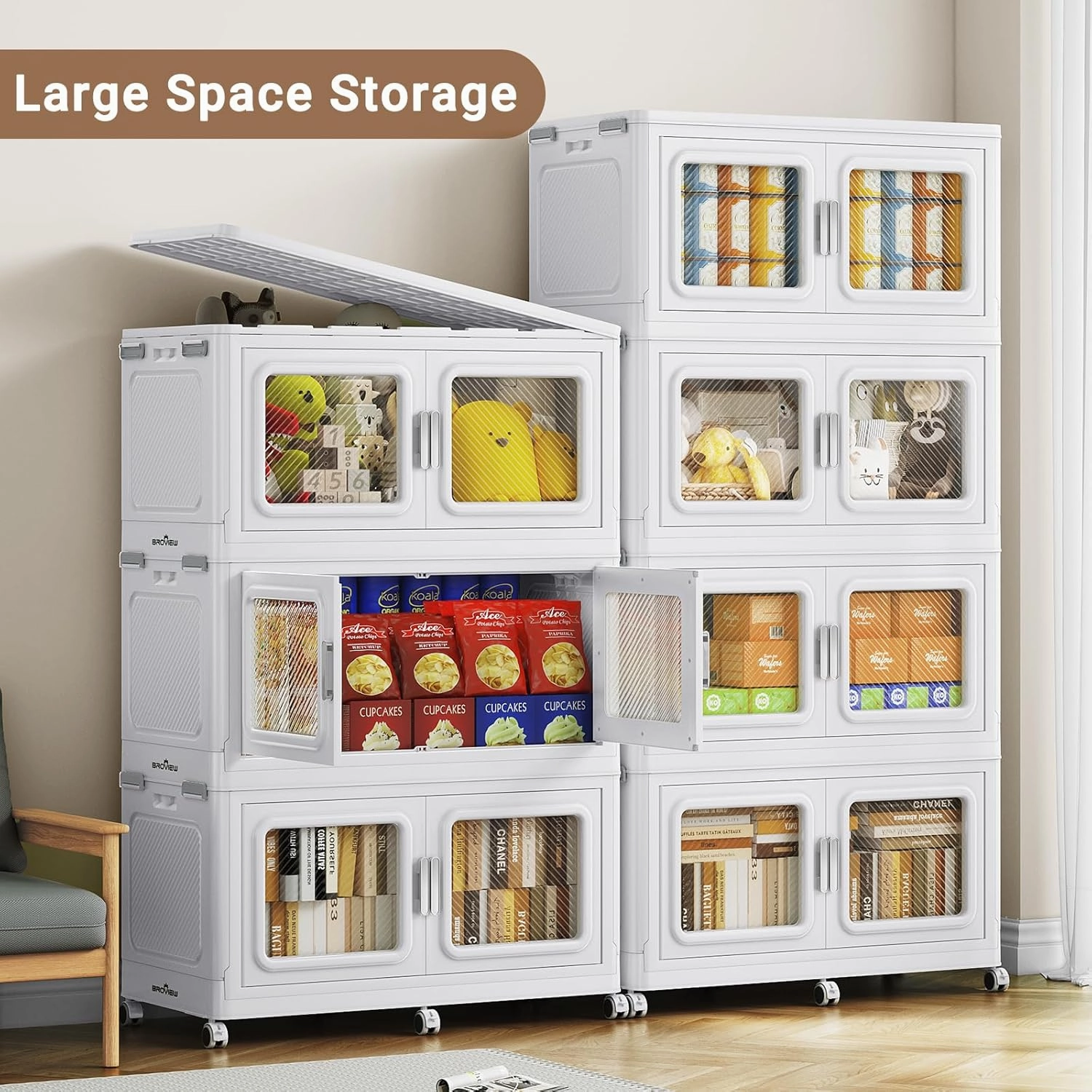 385Gal Extra Large Stackable Storage Bins with Lids & Wheels - Heavy Duty Collapsible Plastic Cabinets, Open Front Door for Effortless Clothes & Sundries in Home & Office, White 7 Pack