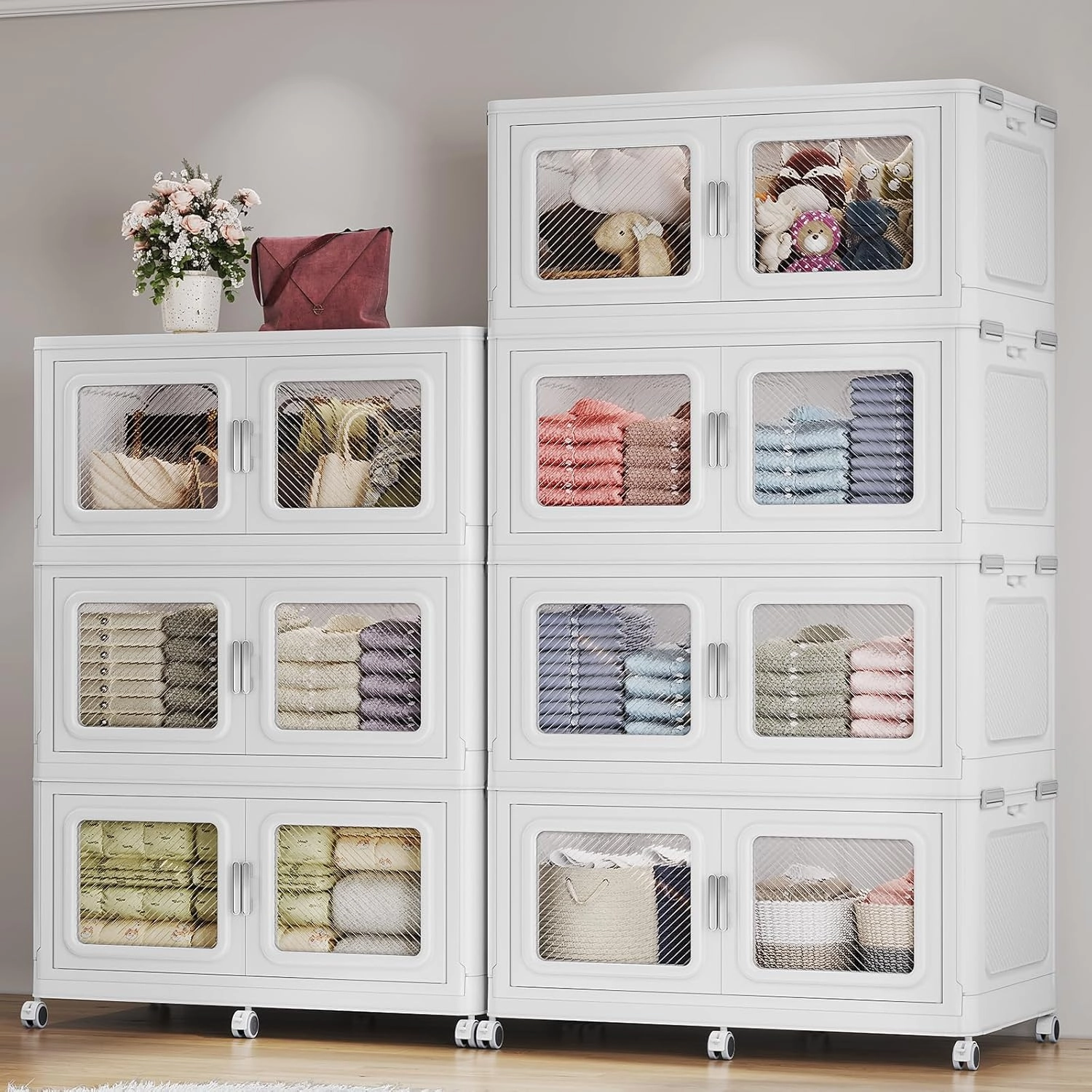 385Gal Extra Large Stackable Storage Bins with Lids & Wheels - Heavy Duty Collapsible Plastic Cabinets, Open Front Door for Effortless Clothes & Sundries in Home & Office, White 7 Pack