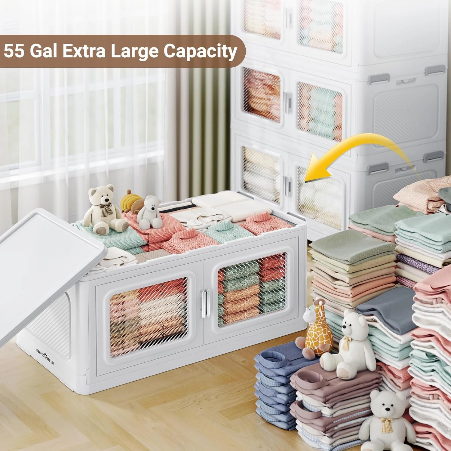 385Gal Extra Large Stackable Storage Bins with Lids & Wheels - Heavy Duty Collapsible Plastic Cabinets, Open Front Door for Effortless Clothes & Sundries in Home & Office, White 7 Pack