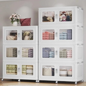 385Gal Extra Large Stackable Storage Bins with Lids & Wheels - Heavy Duty Collapsible Plastic Cabinets, Open Front Door for Effortless Clothes & Sundries in Home & Office, White 7 Pack