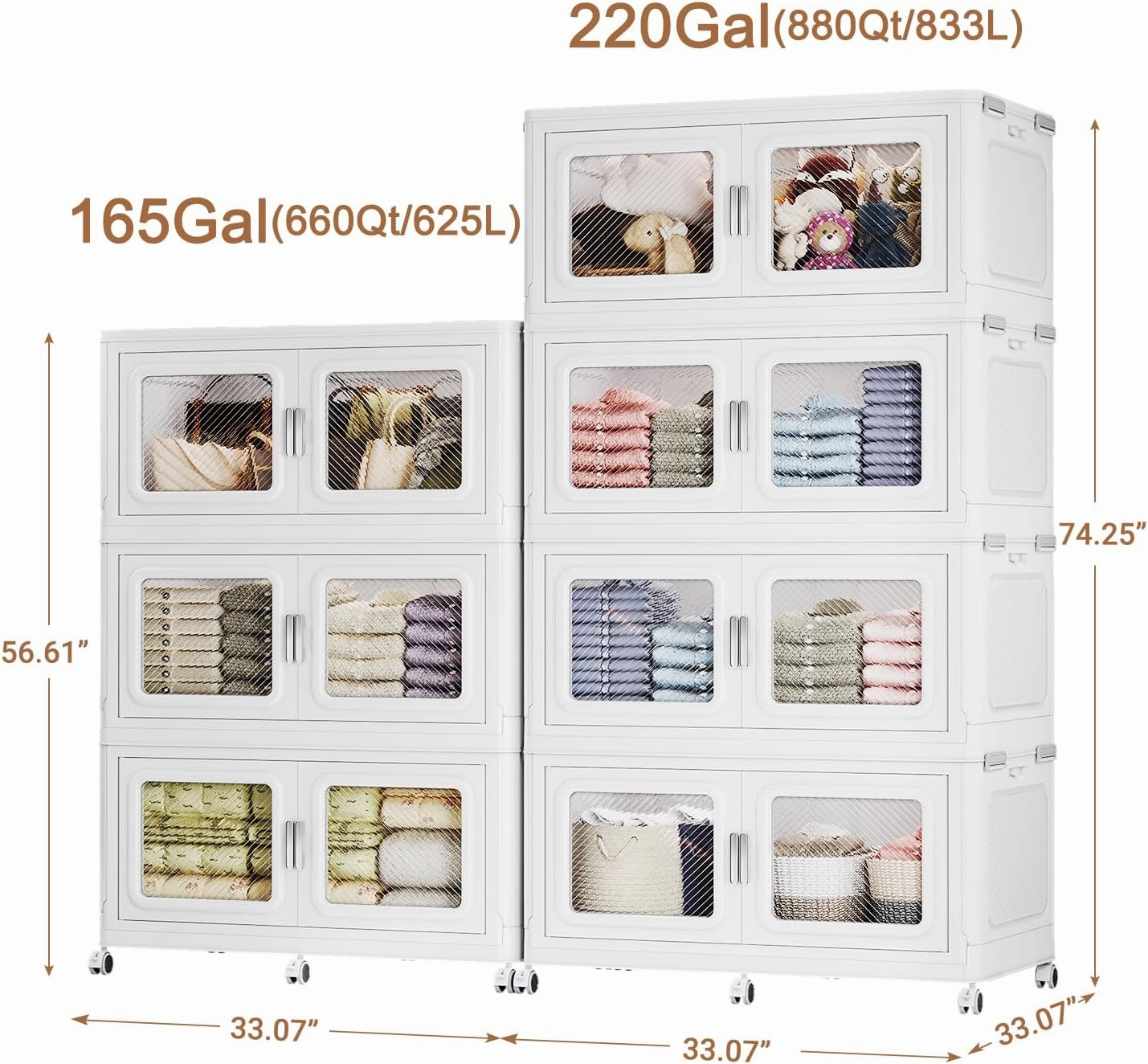 385Gal Extra Large Stackable Storage Bins with Lids & Wheels - Heavy Duty Collapsible Plastic Cabinets, Open Front Door for Effortless Clothes & Sundries in Home & Office, White 7 Pack
