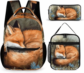 3-in-1 Backpack Set, A Sleeping Fox Print Lunch Bag Set Backpack with Lunch Bag Lunch Bag Combo Set Small Backpack Lunch Bag Combo