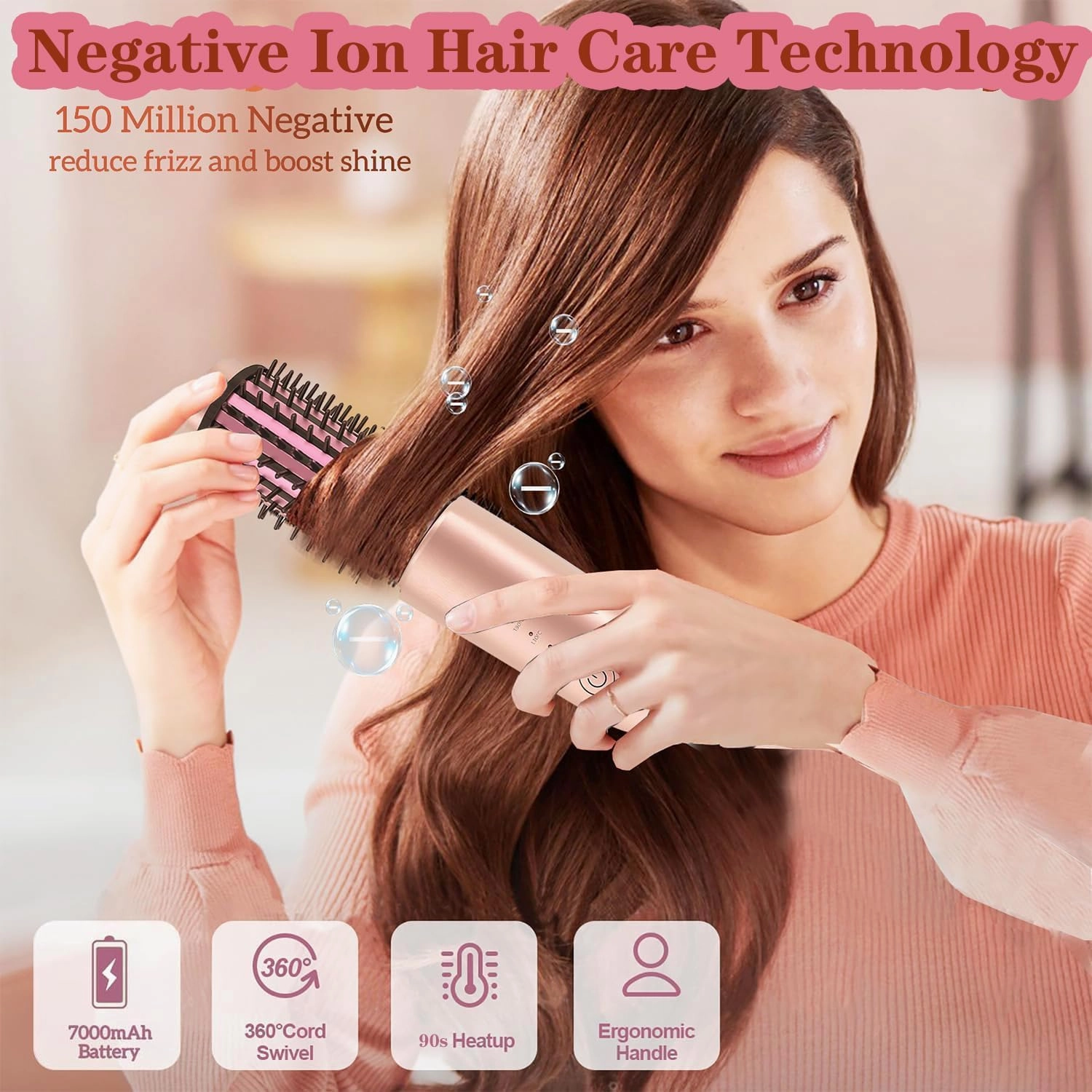 3-in-1 Cordless Curling Iron & Heated Round Curling Brush & Hair Straightener Brush, Portable Rechargeable Travel Hair Curler for Women