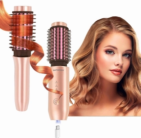 3-in-1 Cordless Curling Iron & Heated Round Curling Brush & Hair Straightener Brush, Portable Rechargeable Travel Hair Curler for Women