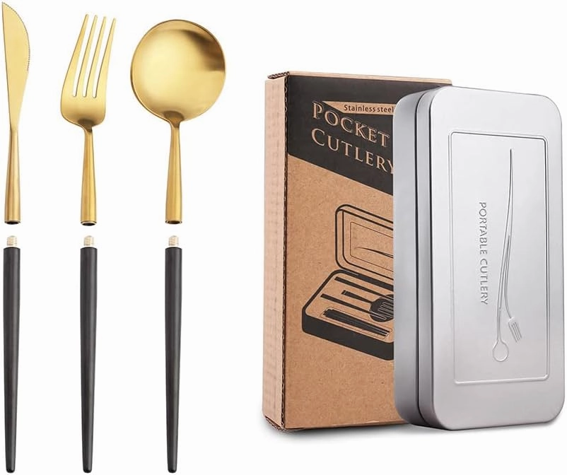 3 Pcs Portable Black Flatware set for 1 Forks Spoons and Knives Gold Silverware set Utensils Tableware Light Luxury Travel Outdoors With Box