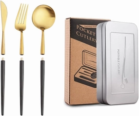 3 Pcs Portable Black Flatware set for 1 Forks Spoons and Knives Gold Silverware set Utensils Tableware Light Luxury Travel Outdoors With Box