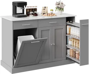 4 EVER WINNER Kitchen Island with Trash Can Storage, Kitchen Island on Wheels with Marble Countertop and Storage Cabinet, Spice Rack, Towel Rack, Portable Kitchen Islands, Gray