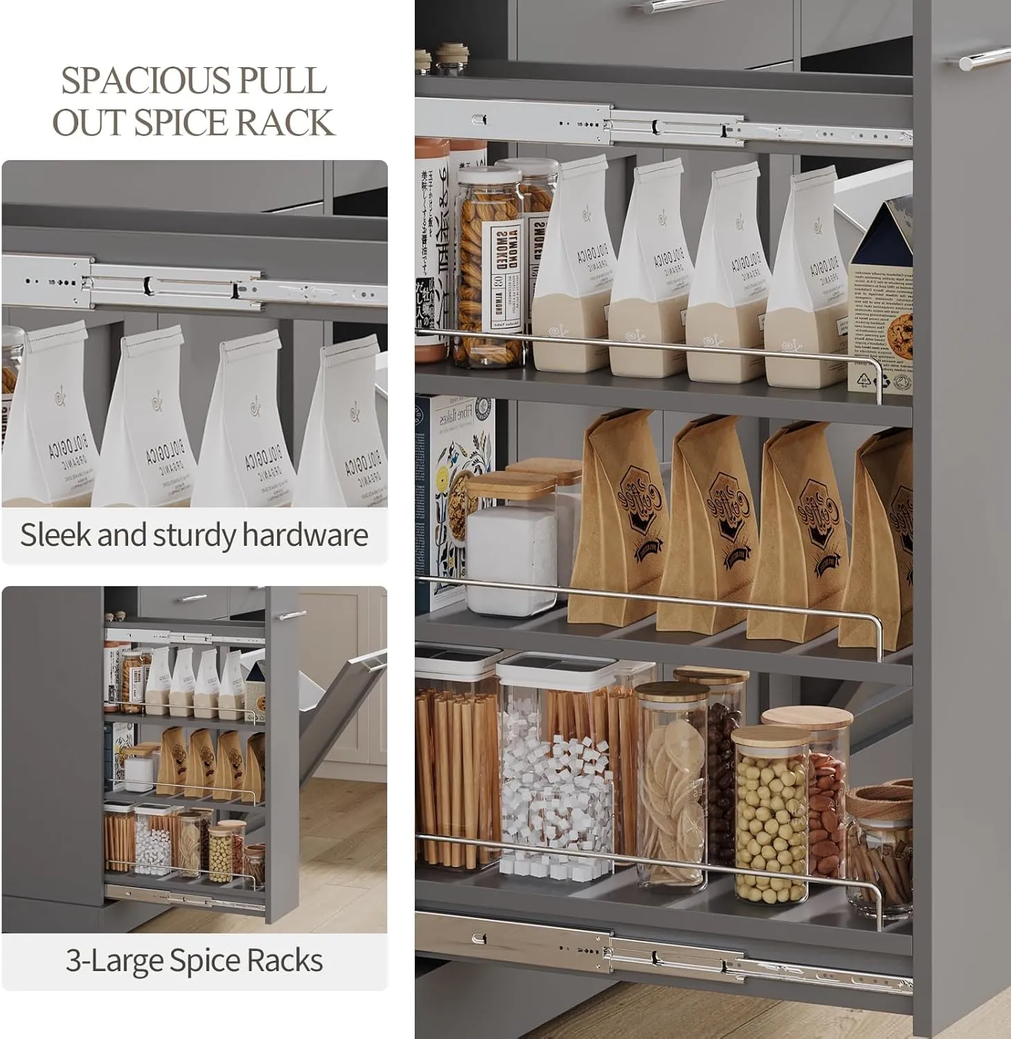 4 EVER WINNER Kitchen Island with Trash Can Storage, Kitchen Island on Wheels with Marble Countertop and Storage Cabinet, Spice Rack, Towel Rack, Portable Kitchen Islands, Gray