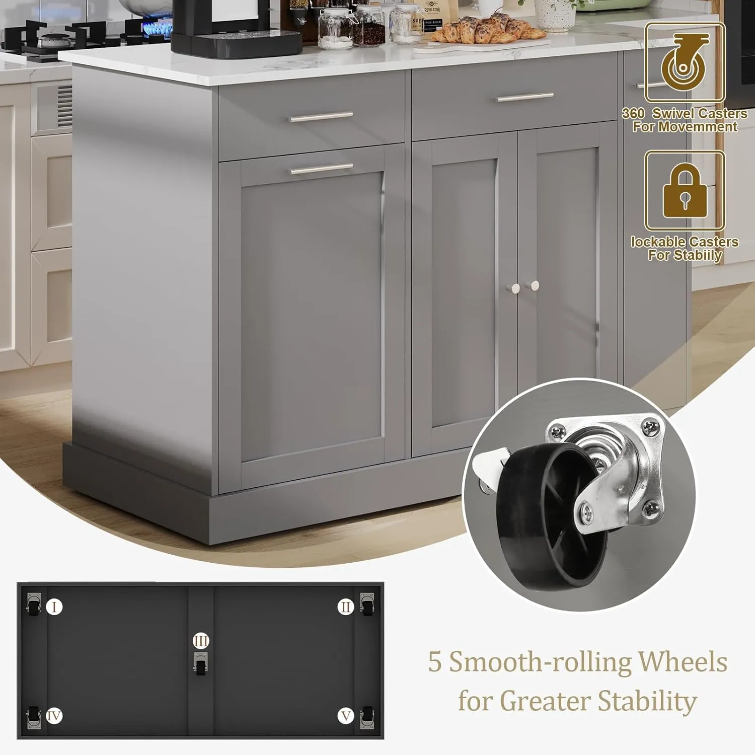 4 EVER WINNER Kitchen Island with Trash Can Storage, Kitchen Island on Wheels with Marble Countertop and Storage Cabinet, Spice Rack, Towel Rack, Portable Kitchen Islands, Gray