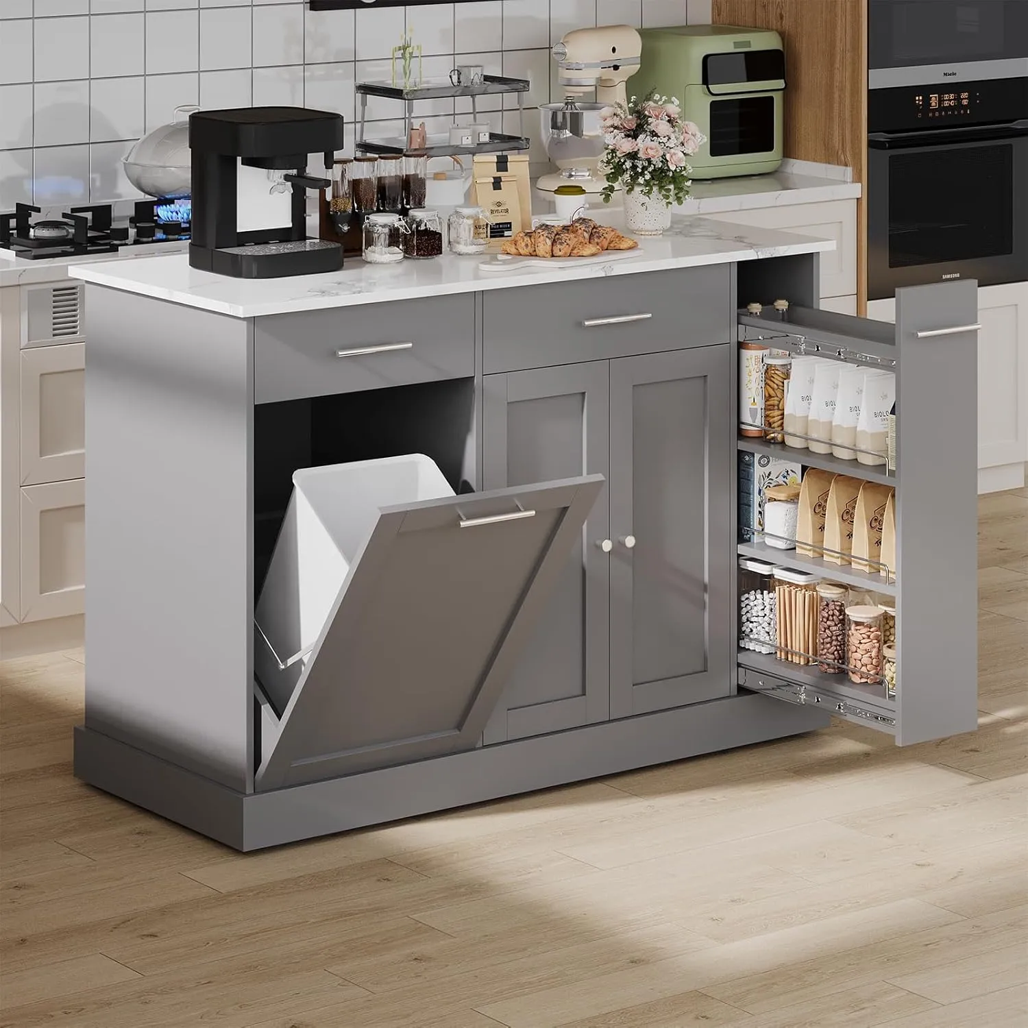 4 EVER WINNER Kitchen Island with Trash Can Storage, Kitchen Island on Wheels with Marble Countertop and Storage Cabinet, Spice Rack, Towel Rack, Portable Kitchen Islands, Gray