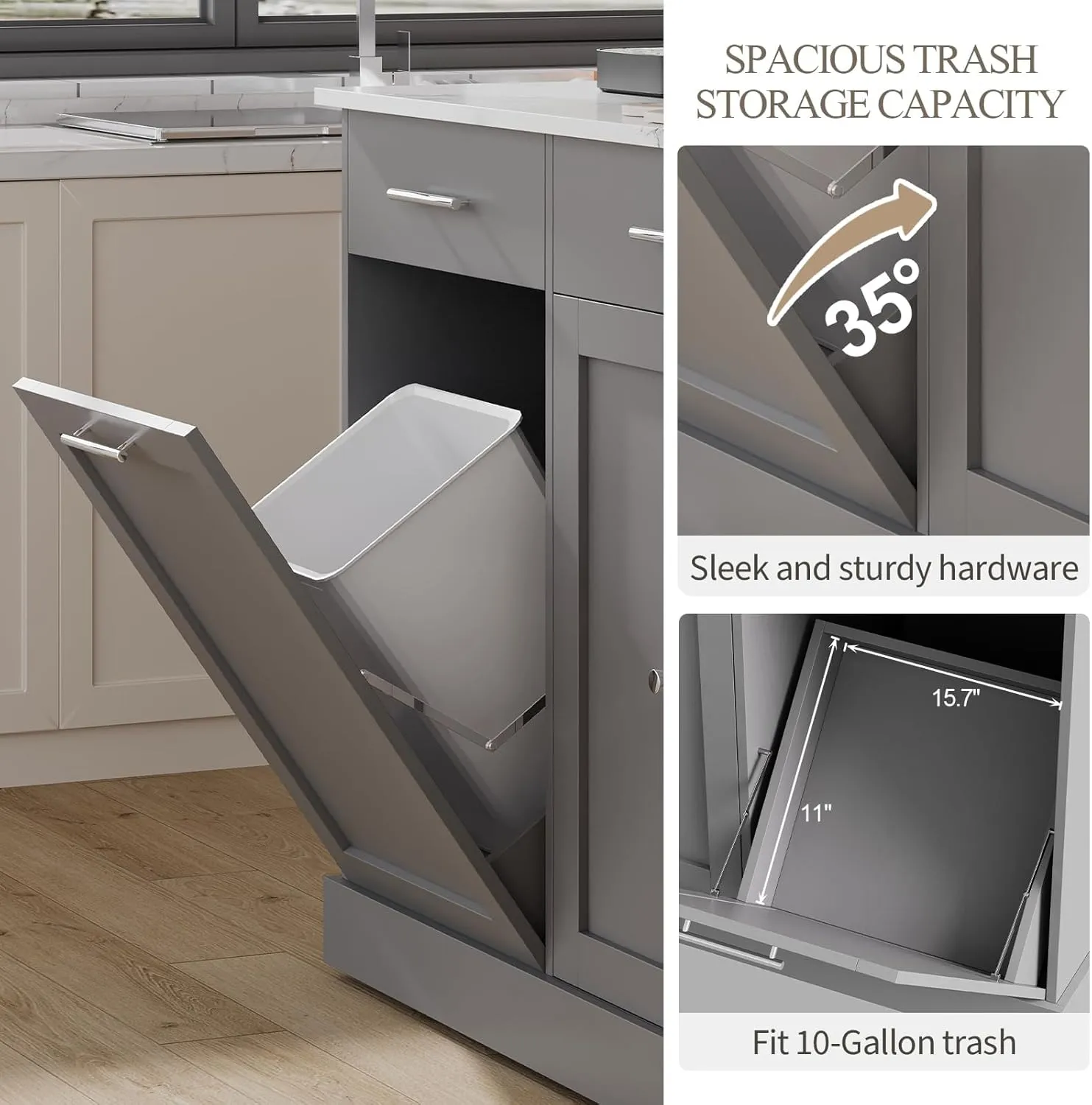 4 EVER WINNER Kitchen Island with Trash Can Storage, Kitchen Island on Wheels with Marble Countertop and Storage Cabinet, Spice Rack, Towel Rack, Portable Kitchen Islands, Gray