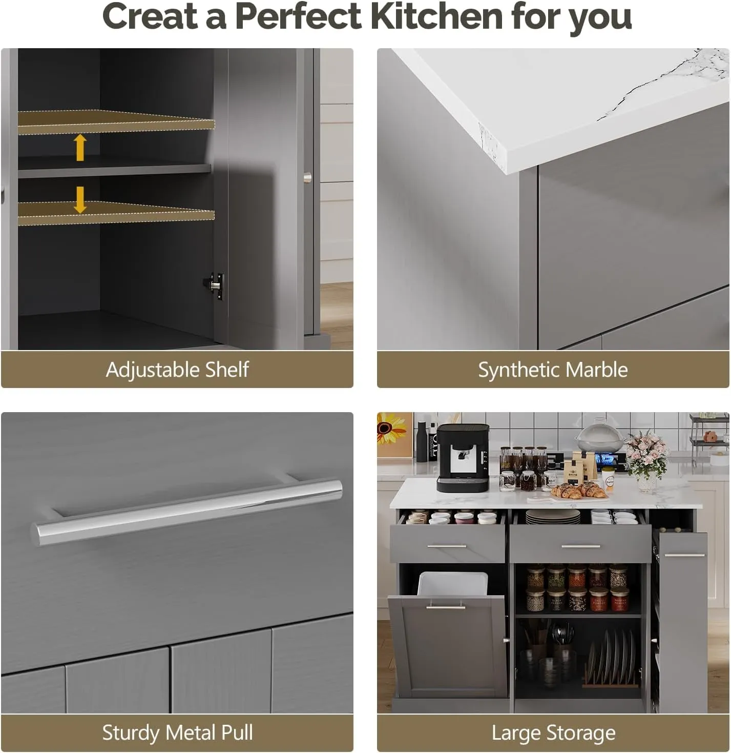 4 EVER WINNER Kitchen Island with Trash Can Storage, Kitchen Island on Wheels with Marble Countertop and Storage Cabinet, Spice Rack, Towel Rack, Portable Kitchen Islands, Gray
