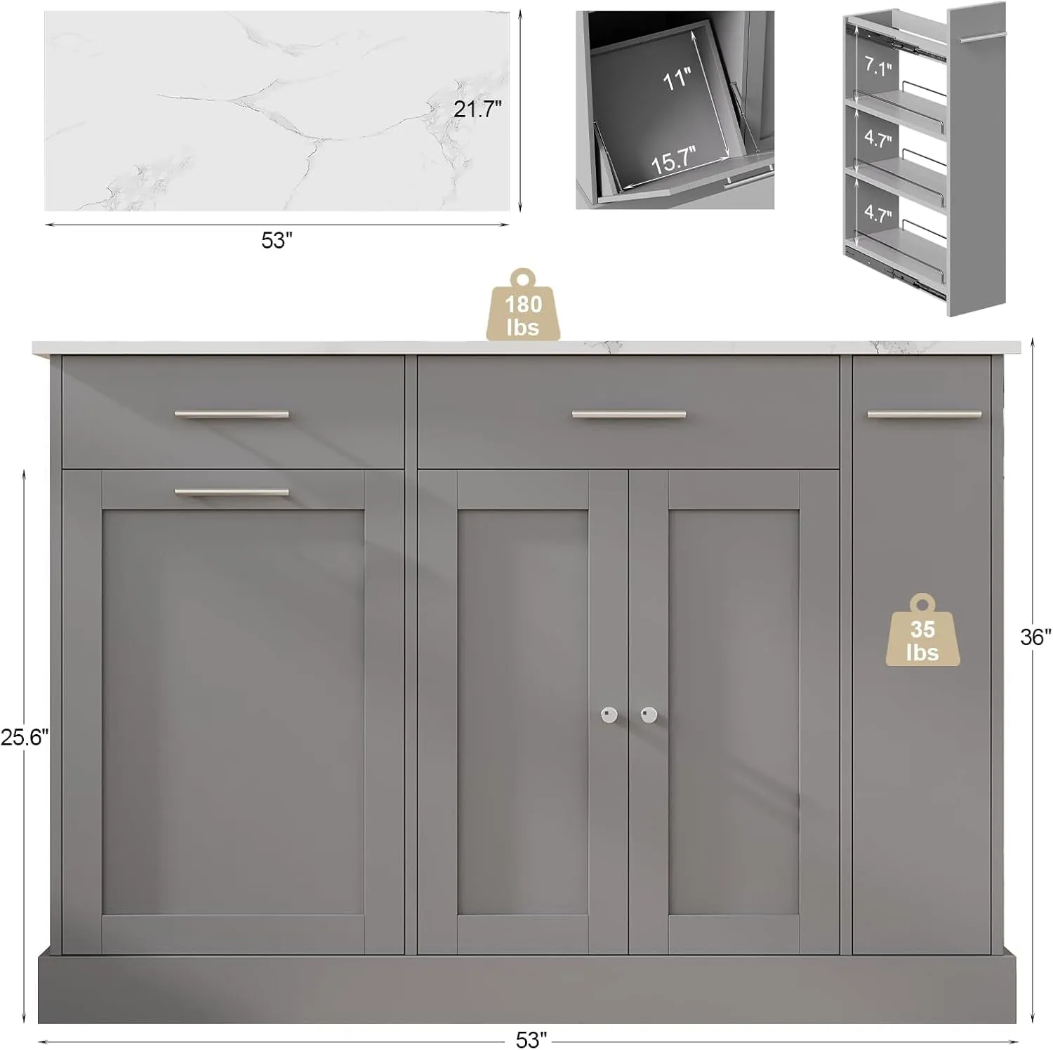 4 EVER WINNER Kitchen Island with Trash Can Storage, Kitchen Island on Wheels with Marble Countertop and Storage Cabinet, Spice Rack, Towel Rack, Portable Kitchen Islands, Gray