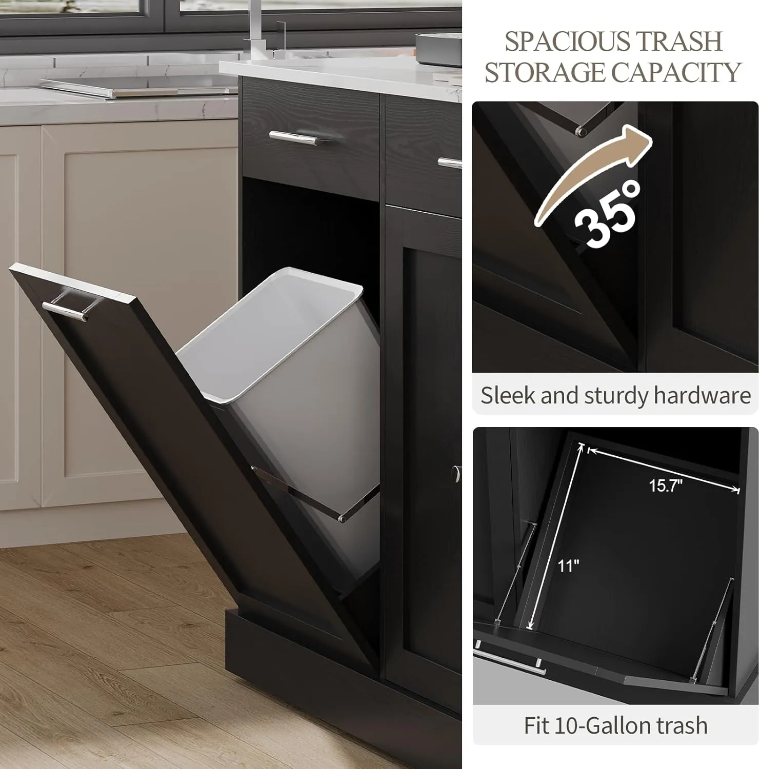 4 EVER WINNER Rolling Kitchen Island Cart with Pull Out Spice Rack, Kitchen Island with Trash Can Storage and Marble Countertop, Islands Table for Kitchen, Black