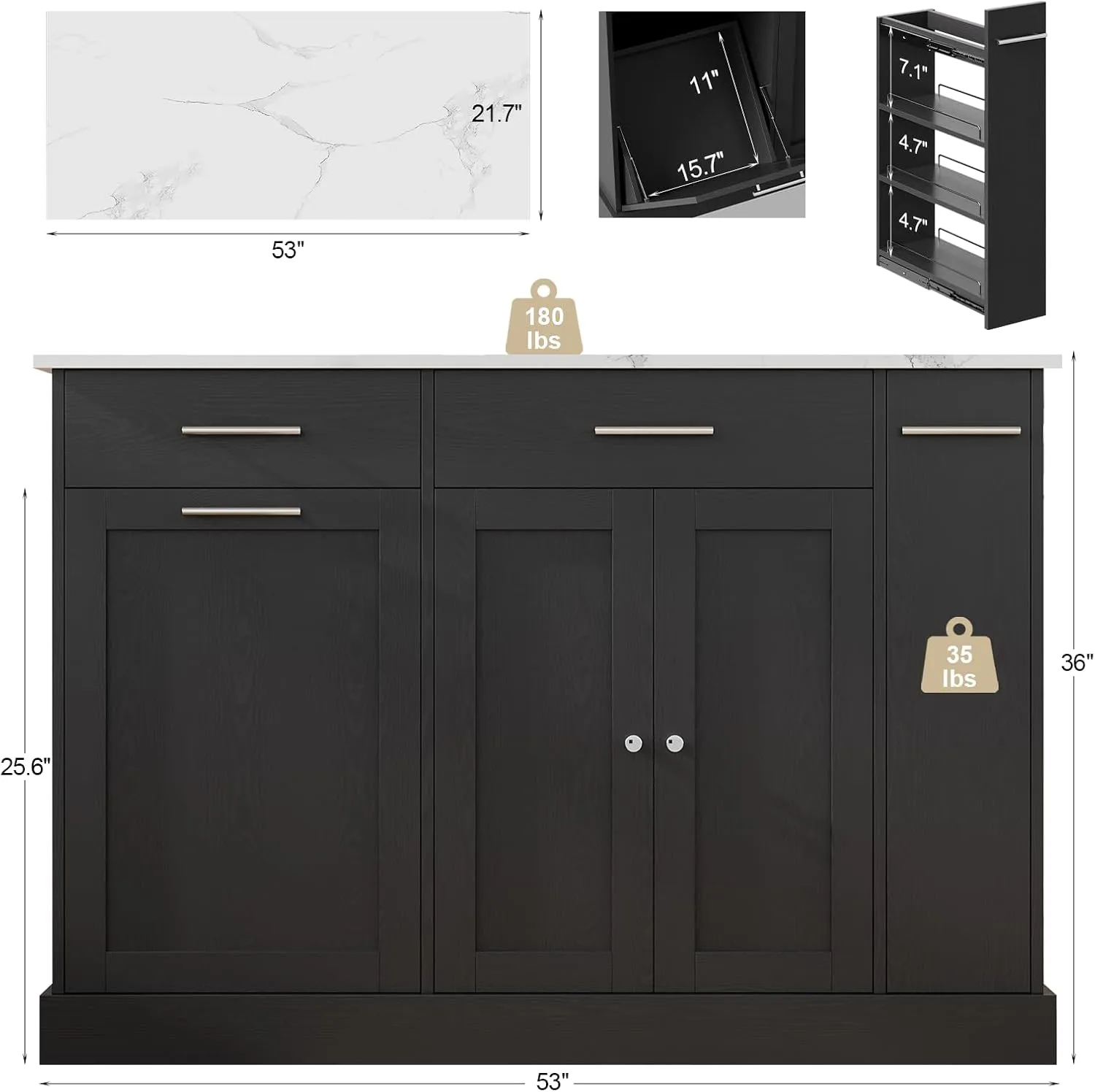 4 EVER WINNER Rolling Kitchen Island Cart with Pull Out Spice Rack, Kitchen Island with Trash Can Storage and Marble Countertop, Islands Table for Kitchen, Black