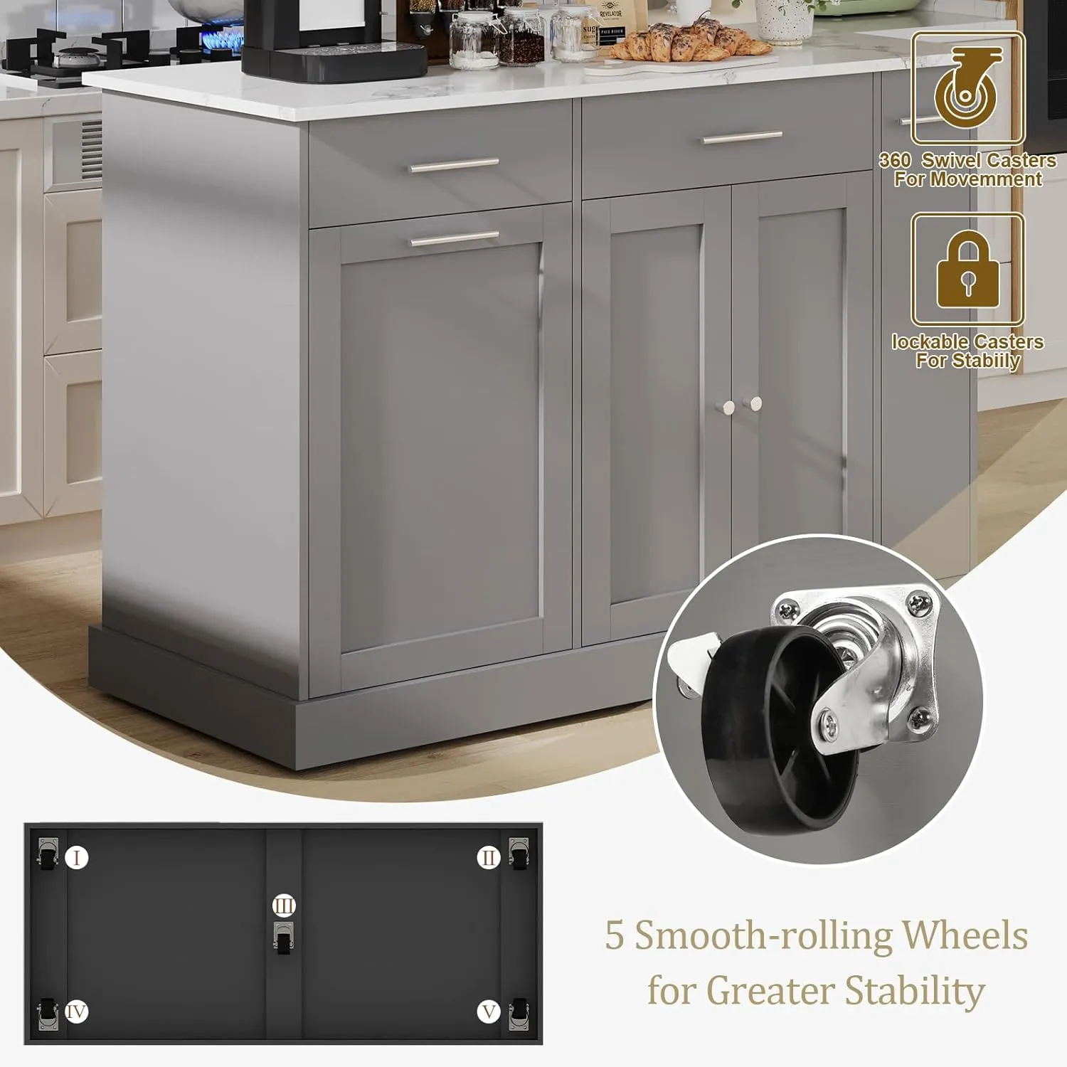 4 EVER WINNER Rolling Kitchen Island Cart with Pull Out Spice Rack, Kitchen Island with Trash Can Storage and Marble Countertop, Islands Table for Kitchen, Black