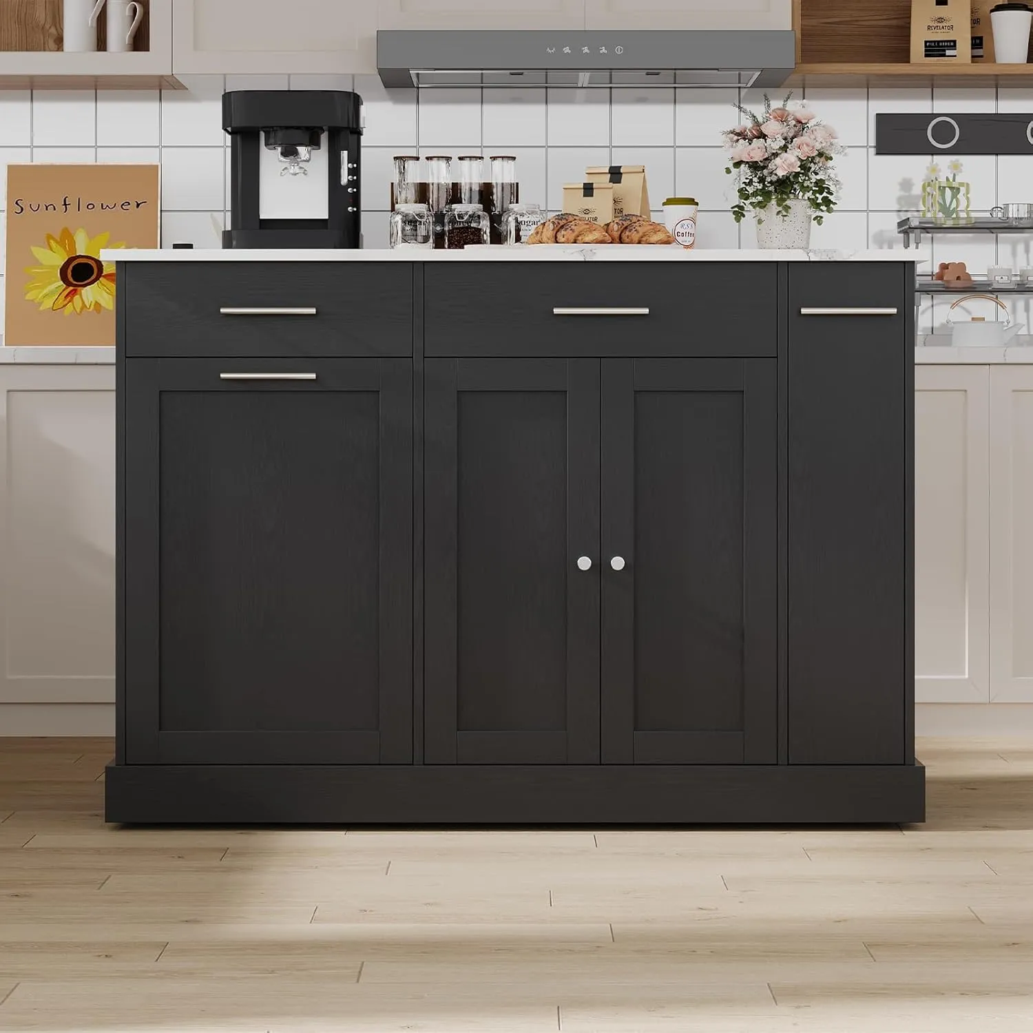 4 EVER WINNER Rolling Kitchen Island Cart with Pull Out Spice Rack, Kitchen Island with Trash Can Storage and Marble Countertop, Islands Table for Kitchen, Black