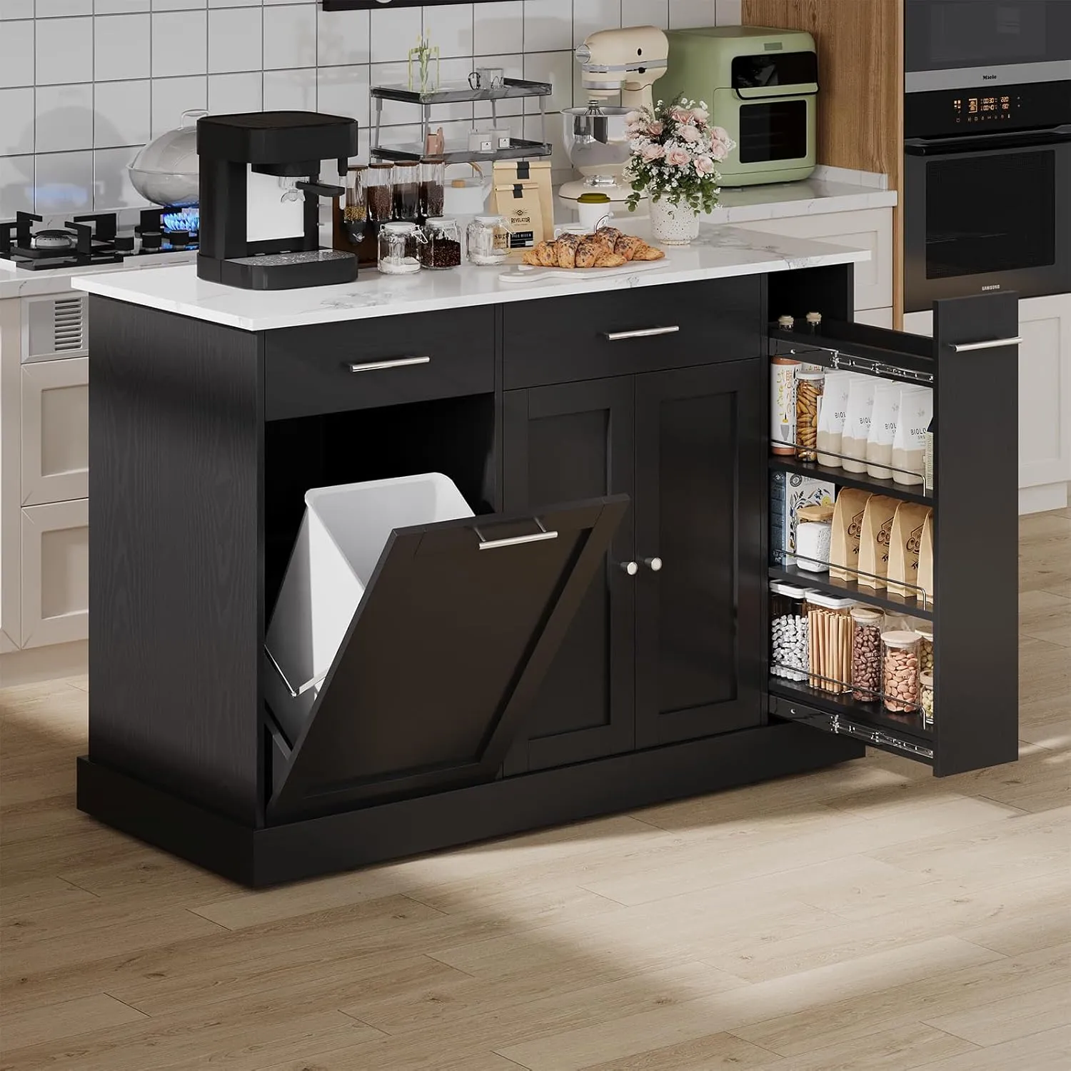 4 EVER WINNER Rolling Kitchen Island Cart with Pull Out Spice Rack, Kitchen Island with Trash Can Storage and Marble Countertop, Islands Table for Kitchen, Black