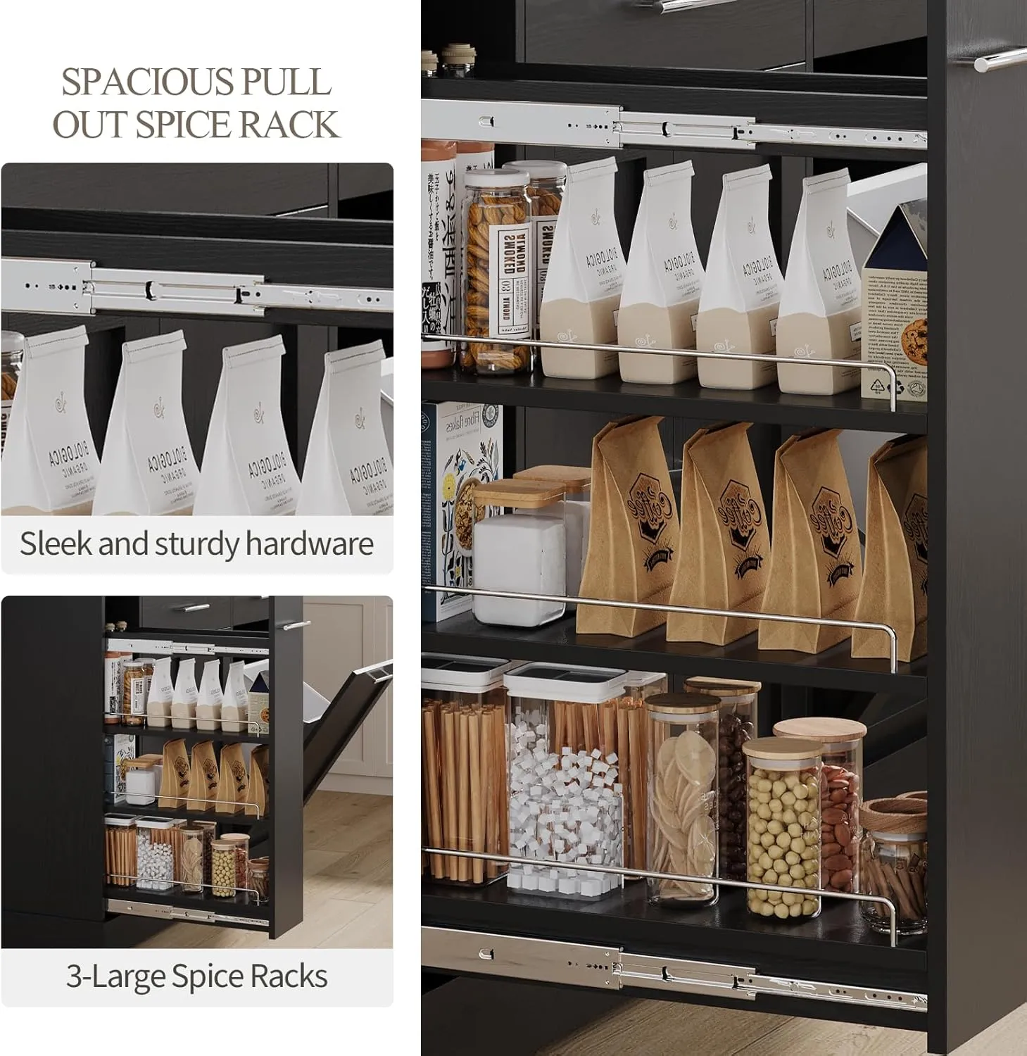4 EVER WINNER Rolling Kitchen Island Cart with Pull Out Spice Rack, Kitchen Island with Trash Can Storage and Marble Countertop, Islands Table for Kitchen, Black