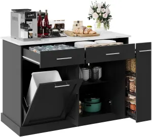 4 EVER WINNER Rolling Kitchen Island Cart with Pull Out Spice Rack, Kitchen Island with Trash Can Storage and Marble Countertop, Islands Table for Kitchen, Black
