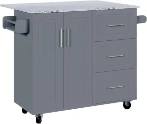 4 EVER WINNER Rolling Kitchen Island with Storage and Drop Leaf, White Marble Tabletop, 43" Kitchen Carts on Wheels with Towel Rack & Spice Rack, Portable Islands for Kitchen, Gray