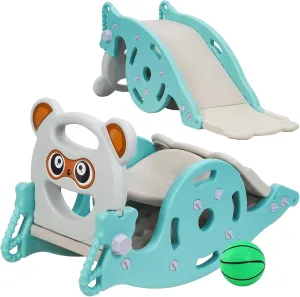 4 in 1 Children's Slide Swing Carousel Combo Portable Convertible Play Set with Basketball Frame for Boys and Girls 1-6 Years Pink/Green Includes Balls, Weight Capacity 40kg Green
